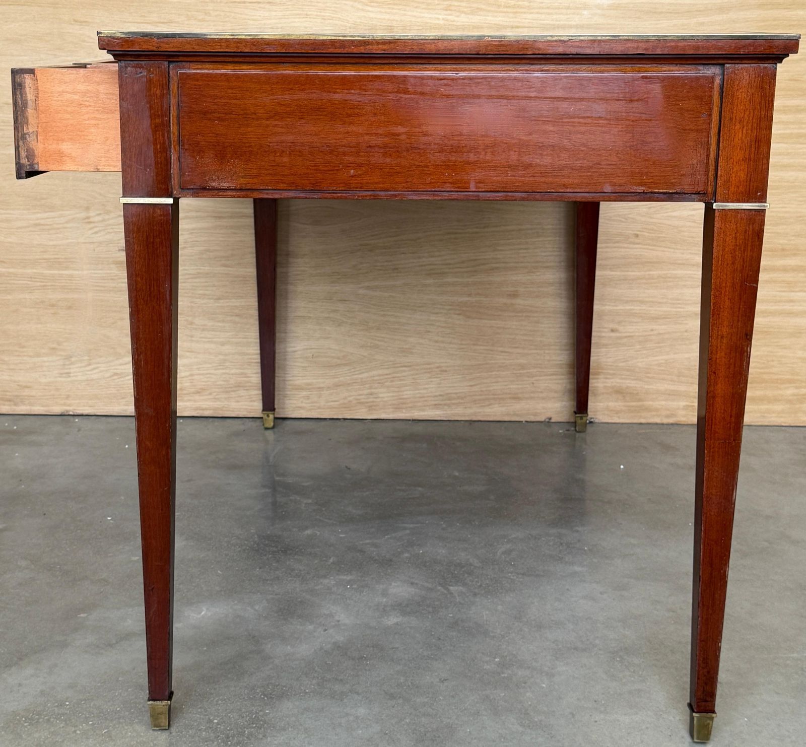 Antique Neoclassical Mahogany Writing Desk With Brass Inlays And Three Drawers photo vintage