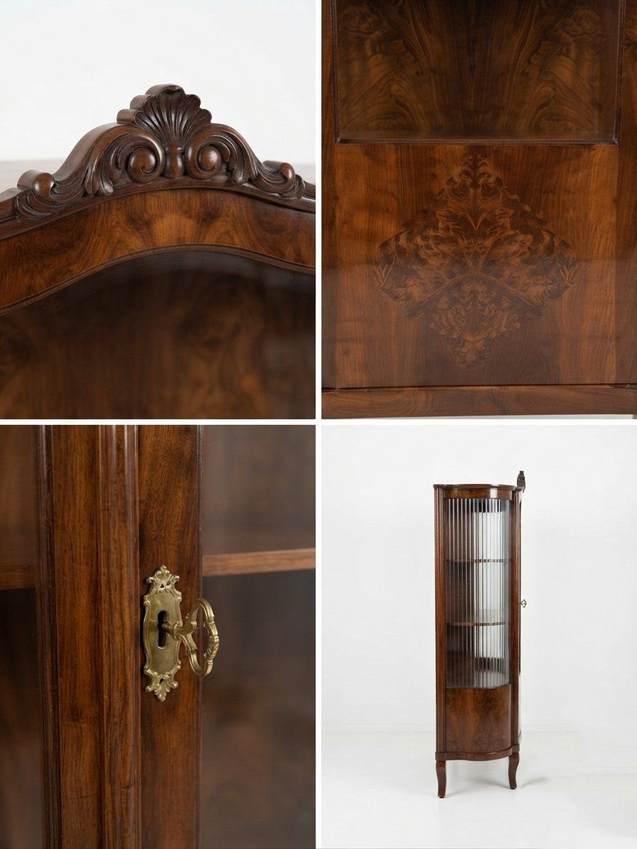 Art Deco Walnoot Vitrinekast met Geribbeld Glaswerk photo furniture