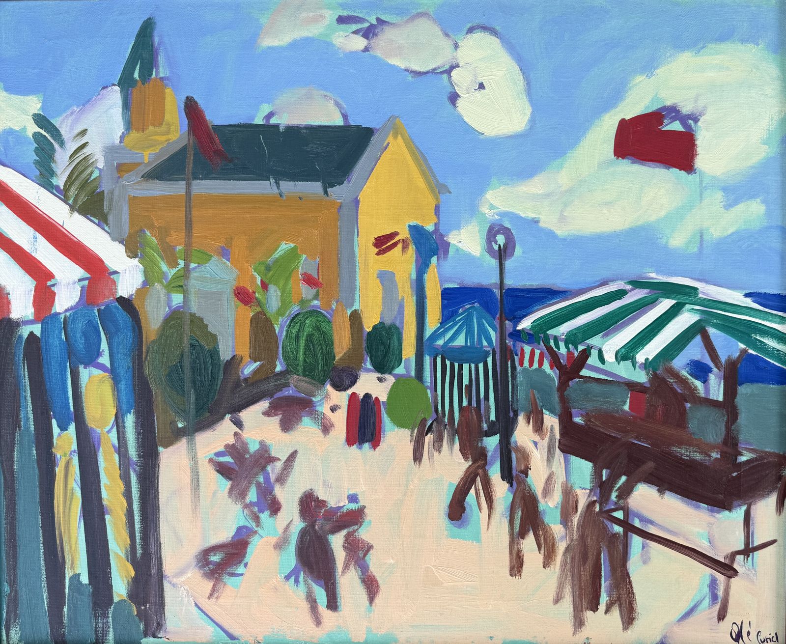 Elisabeth Ollé Curiel, Promenade méditerranéenne animée avec terrasses de café et personnages, huile sur toile, années 2000 photo furniture