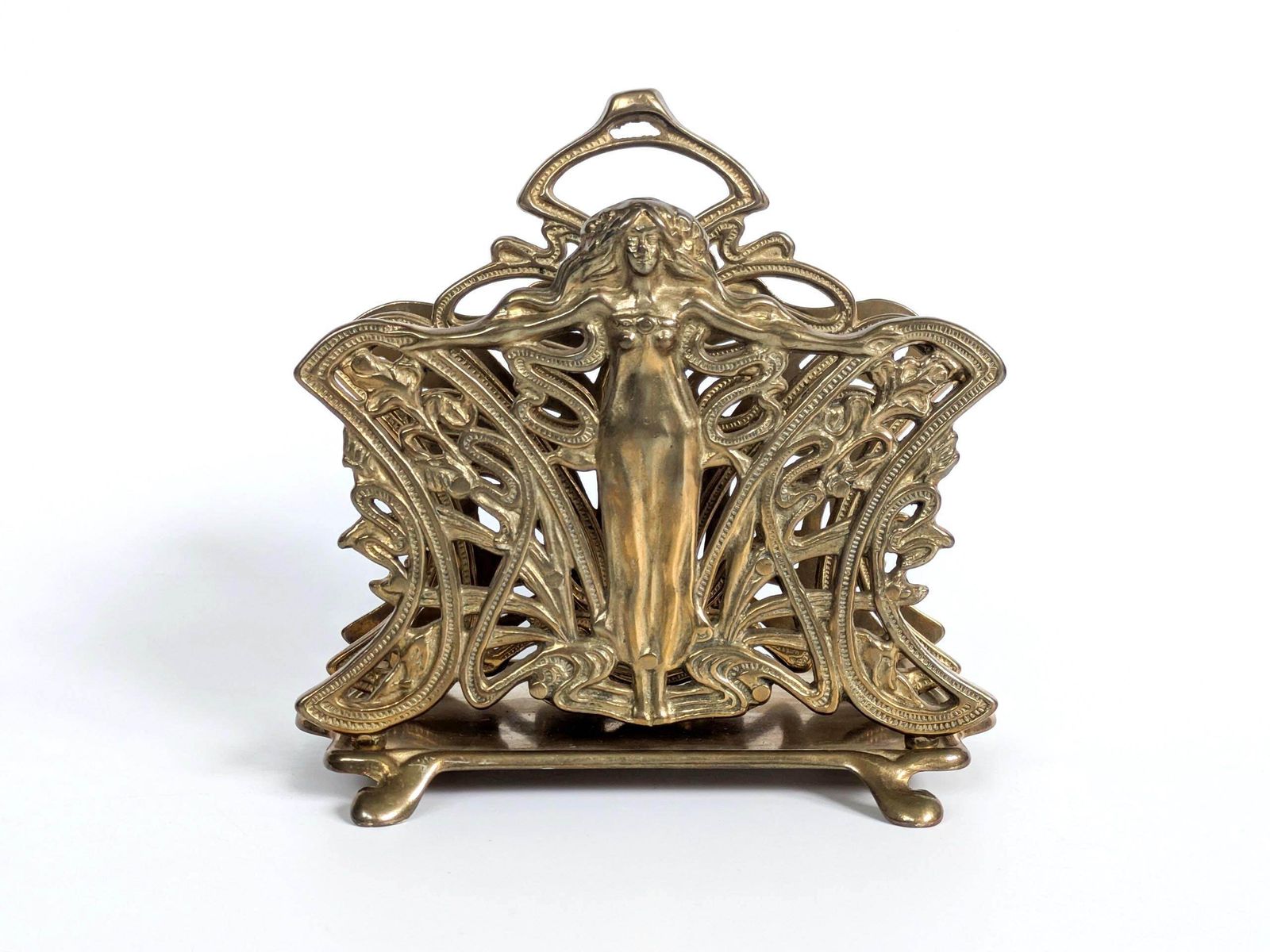 Vintage Frans art nouveau messing brievenhouder / bureauorganizer / servethouder met nimffiguur photo for sale