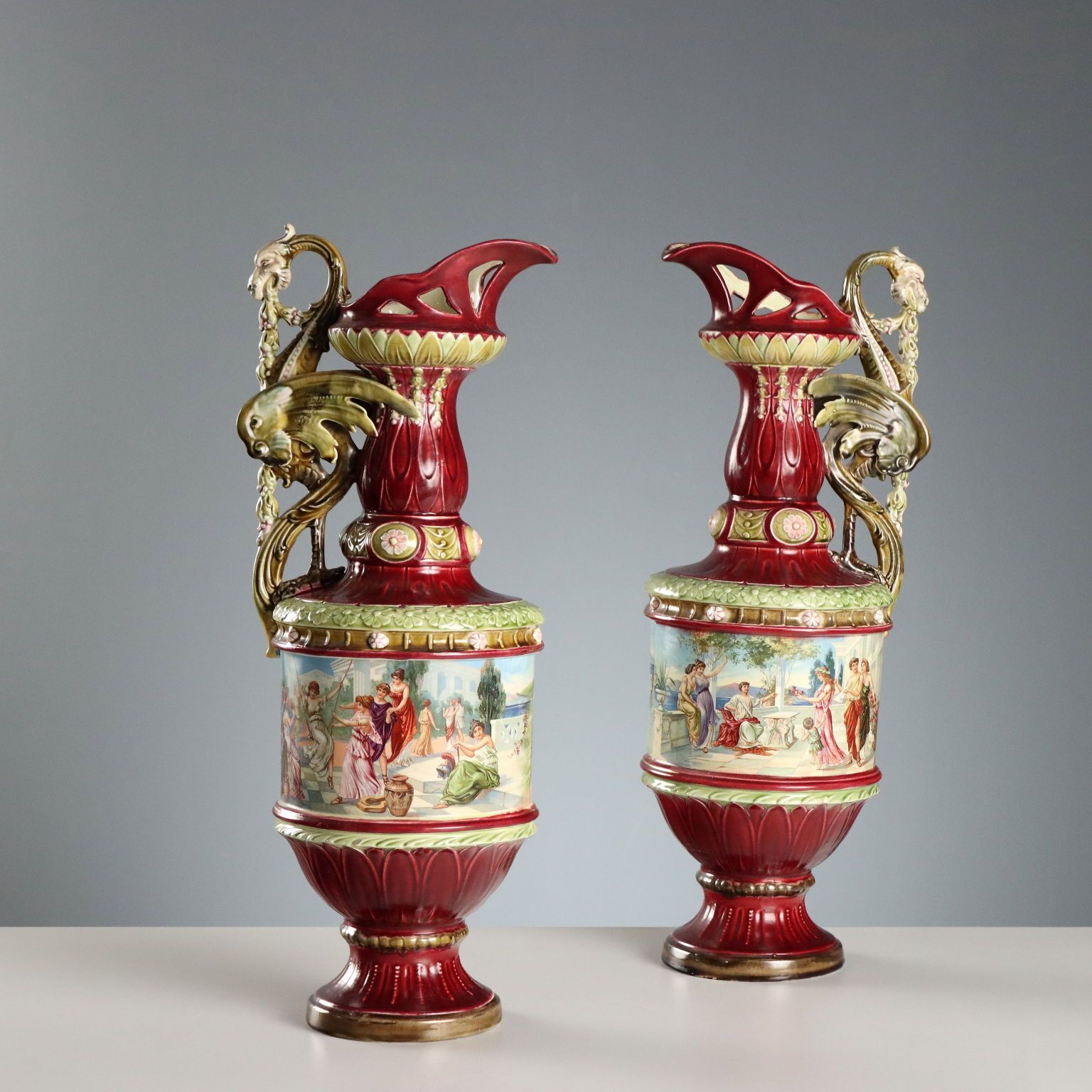 Pichets d'époque Jugendstil en céramique polychrome, XIXe siècle