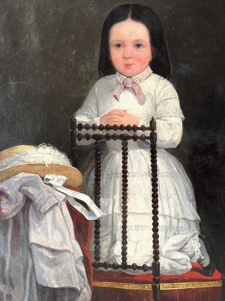 Antiek groot Frans olieverfportret van een biddend meisje, ca. jaren 1850 – schilderij op doek, 36x29 inch photo furniture