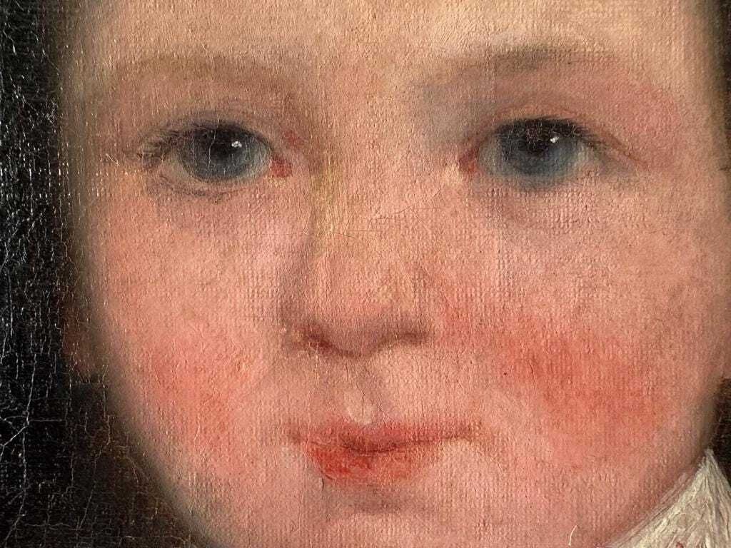 Antiek groot Frans olieverfportret van een biddend meisje, ca. jaren 1850 – schilderij op doek, 36x29 inch photo vinterior
