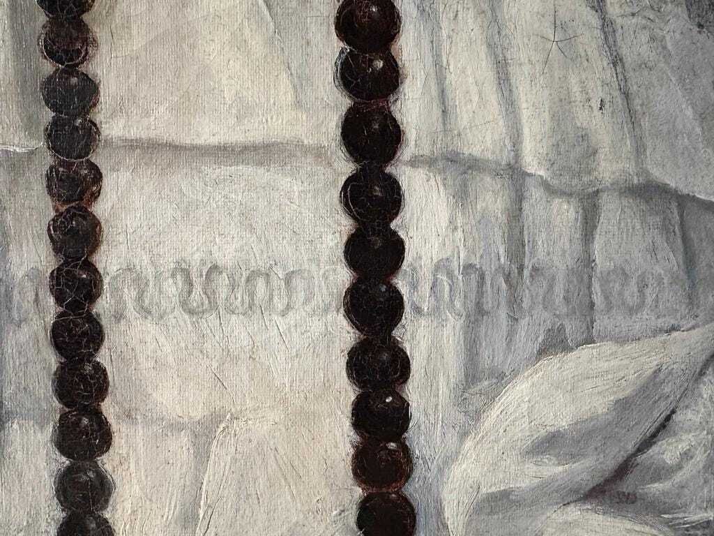 photo for sale Antiek groot Frans olieverfportret van een biddend meisje, ca. jaren 1850 – schilderij op doek, 36x29 inch