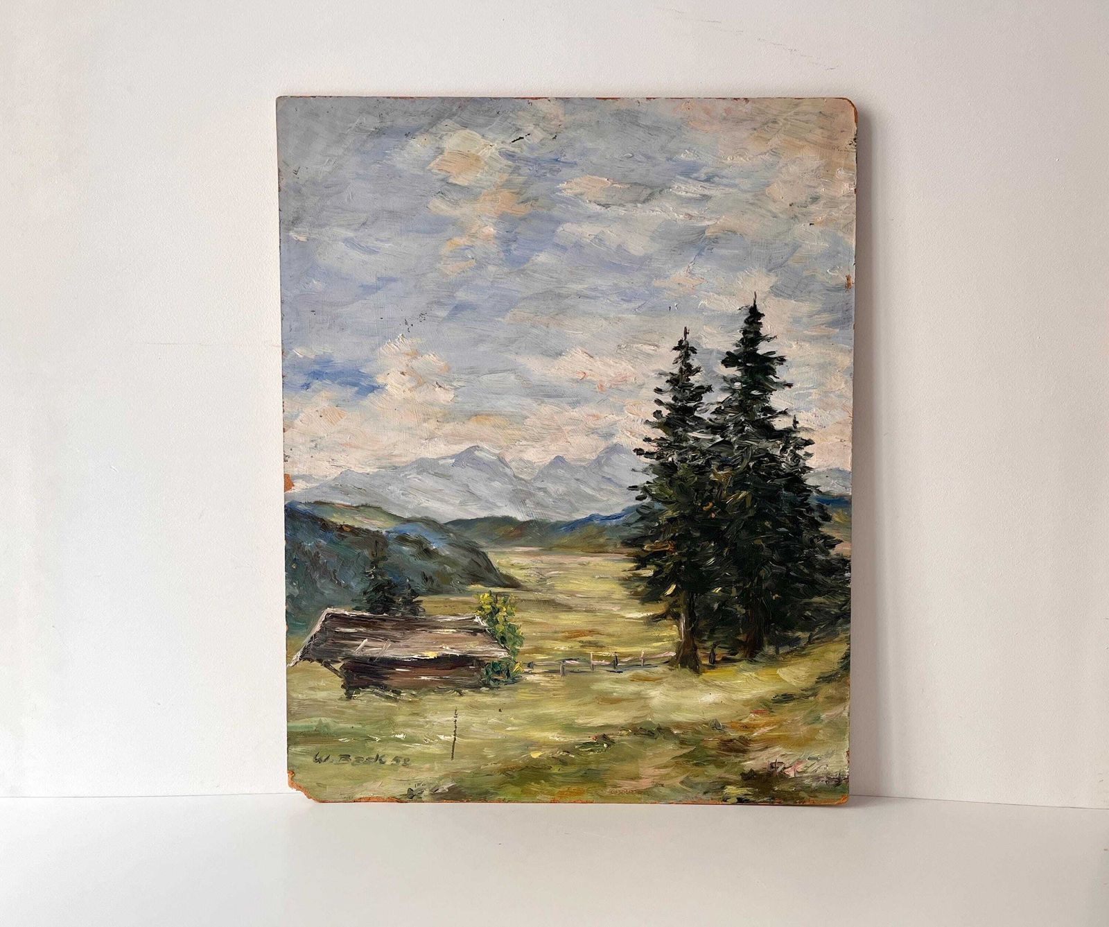 Paysage de montagne français, pâturages alpins, huile sur panneau, 1952