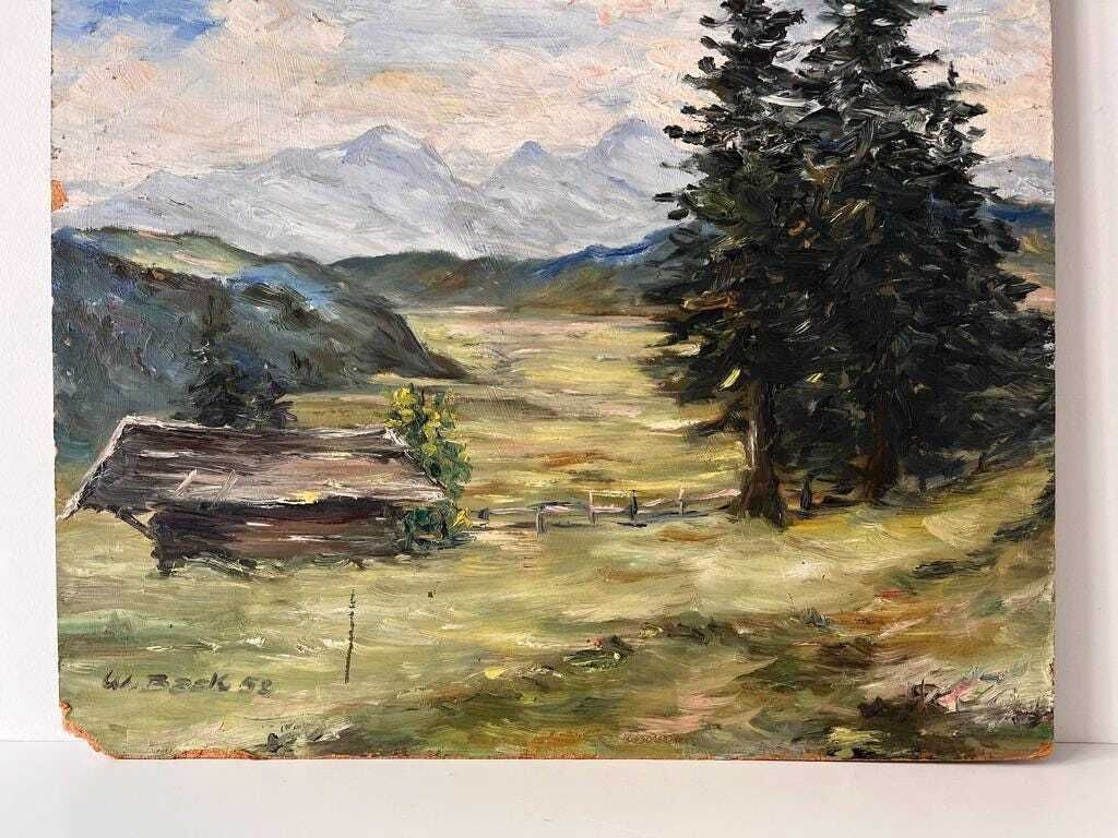 Original 1952's French Mountains Landscape Painting, Vintage Alpine Pastures Oil On Panel photo for sale