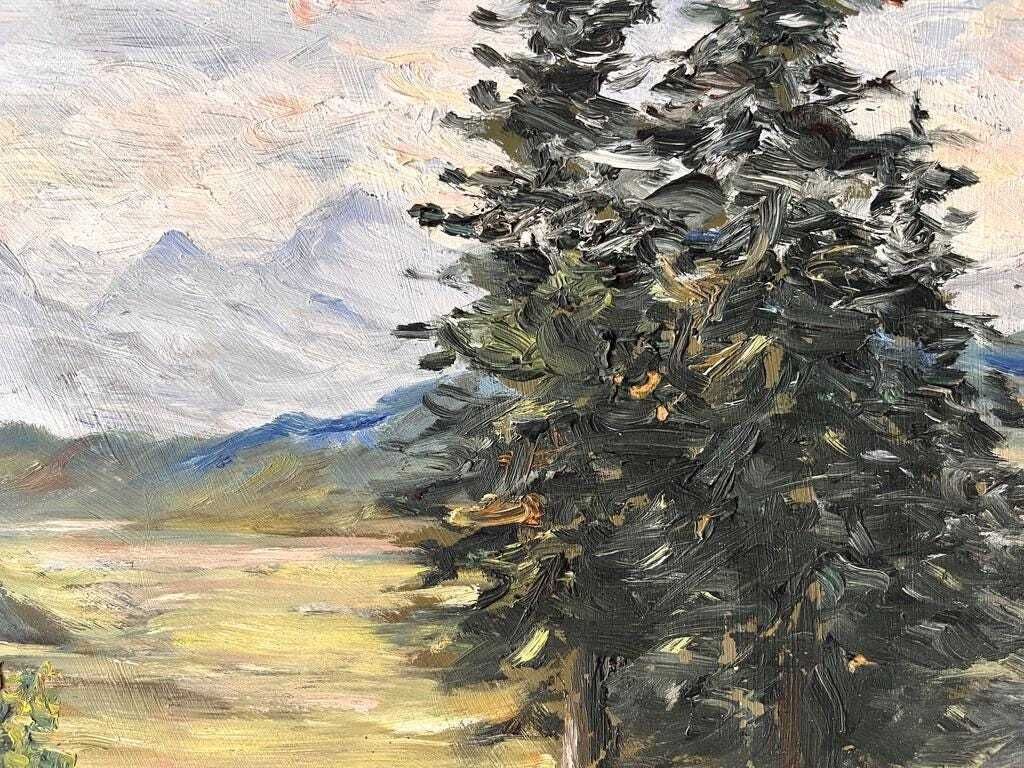 Art Original 1952's French Mountains Landscape Painting, Vintage Alpine Pastures Oil On Panel photo