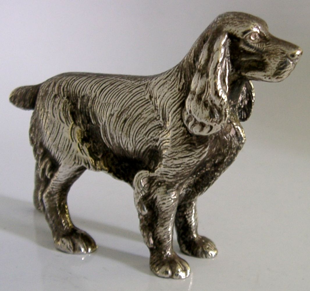 Figurine de bureau en métal argenté, épagneul, vers les années 1950, 280 g photo Art