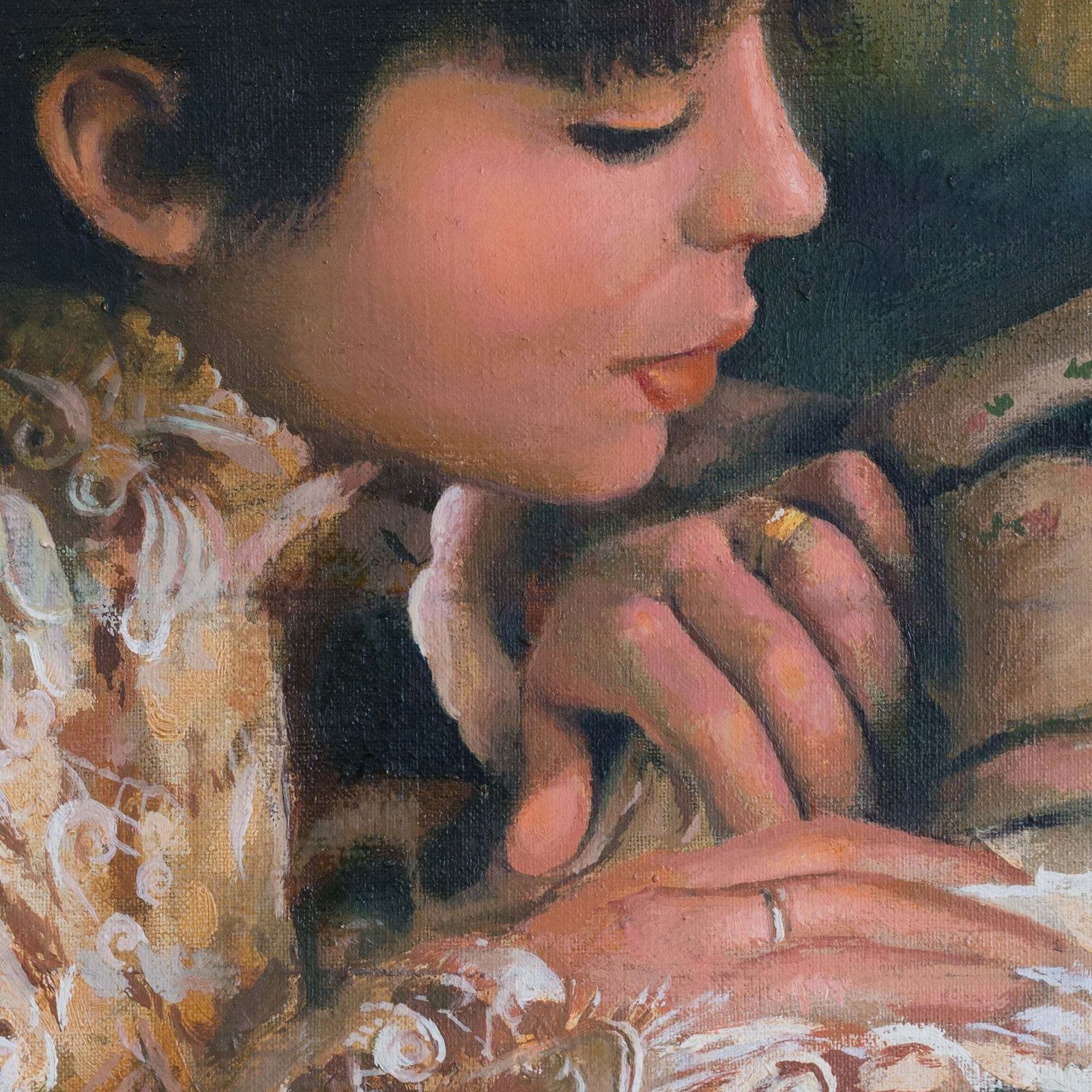 Jonge vrouw in een fijn geborduurde Spaanse kanten blouse – gesigneerd olieverf op doek photo 1285.0