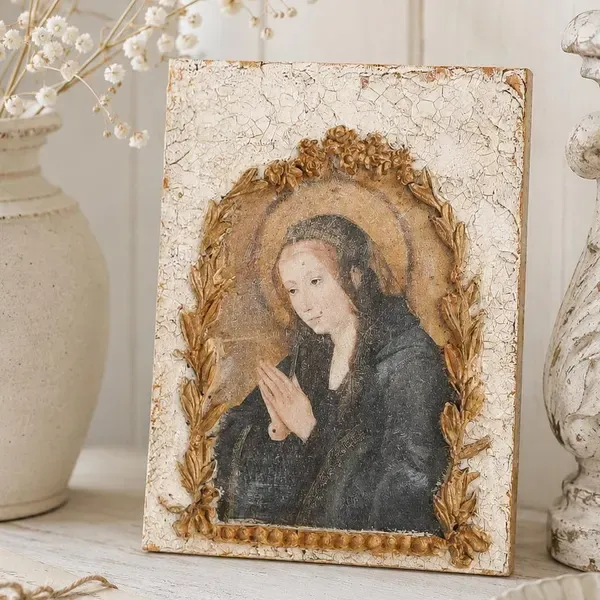 Virgin Mary Icon Plaque: Baroque Gold Frame, Shabby Chic Altar Decor