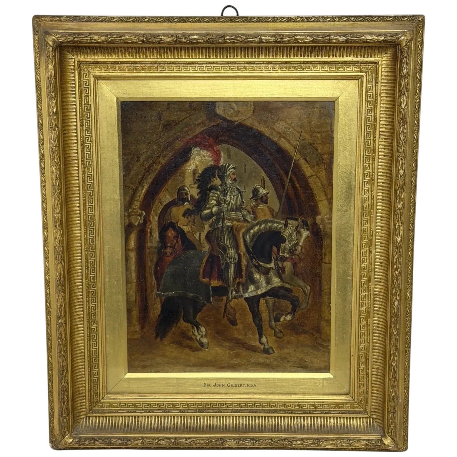 19th Century Oil Painting Renaissance Knight Mounted Beneath Cloister Circle Sir John Gilbert Ra