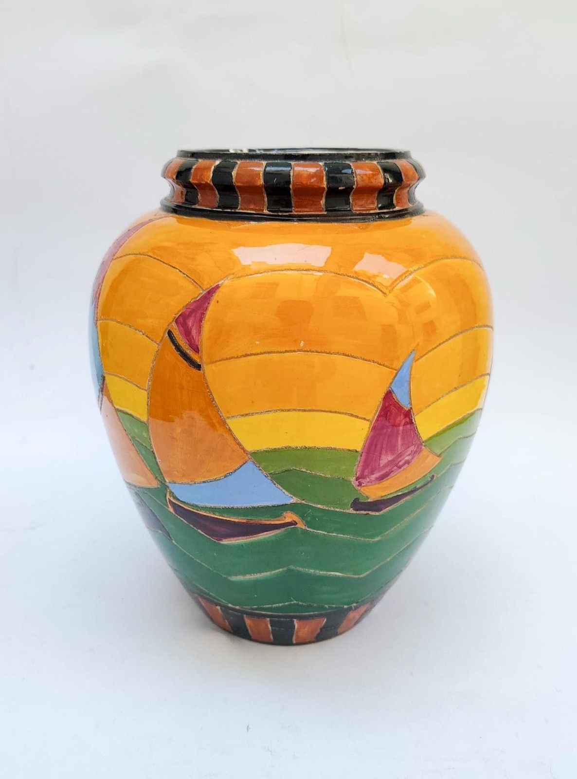 Zipoli Caiani Sesto Fiorentino Veelkleurige Keramische Amfoorvase Met Art Deco Zeilschip Ca. jaren 1940 photo Woonaccessoires