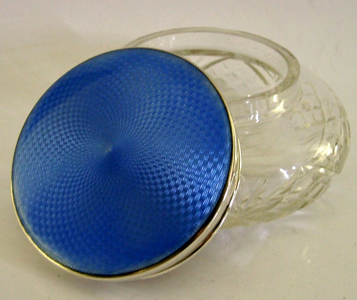 4,25 Inch Art Deco Sterling Zilver Geslepen Glas Blauw Geëmailleerde Pot 1930 Antiek photo furniture