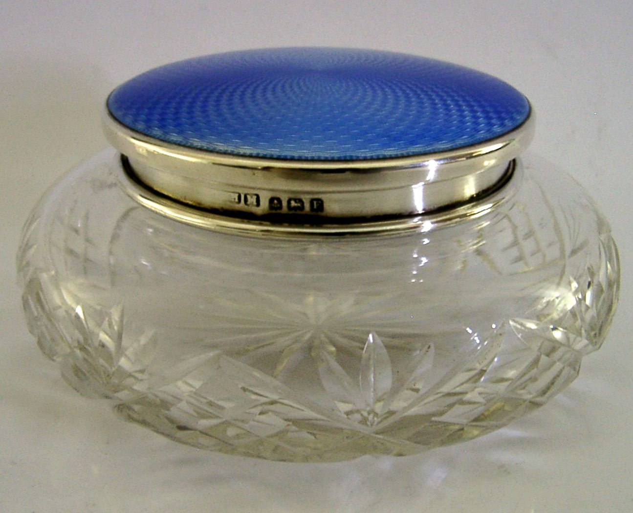 Pot en argent massif sterling Art déco, verre taillé et émail bleu, 10,8 cm, 1930, d'époque photo Décoration