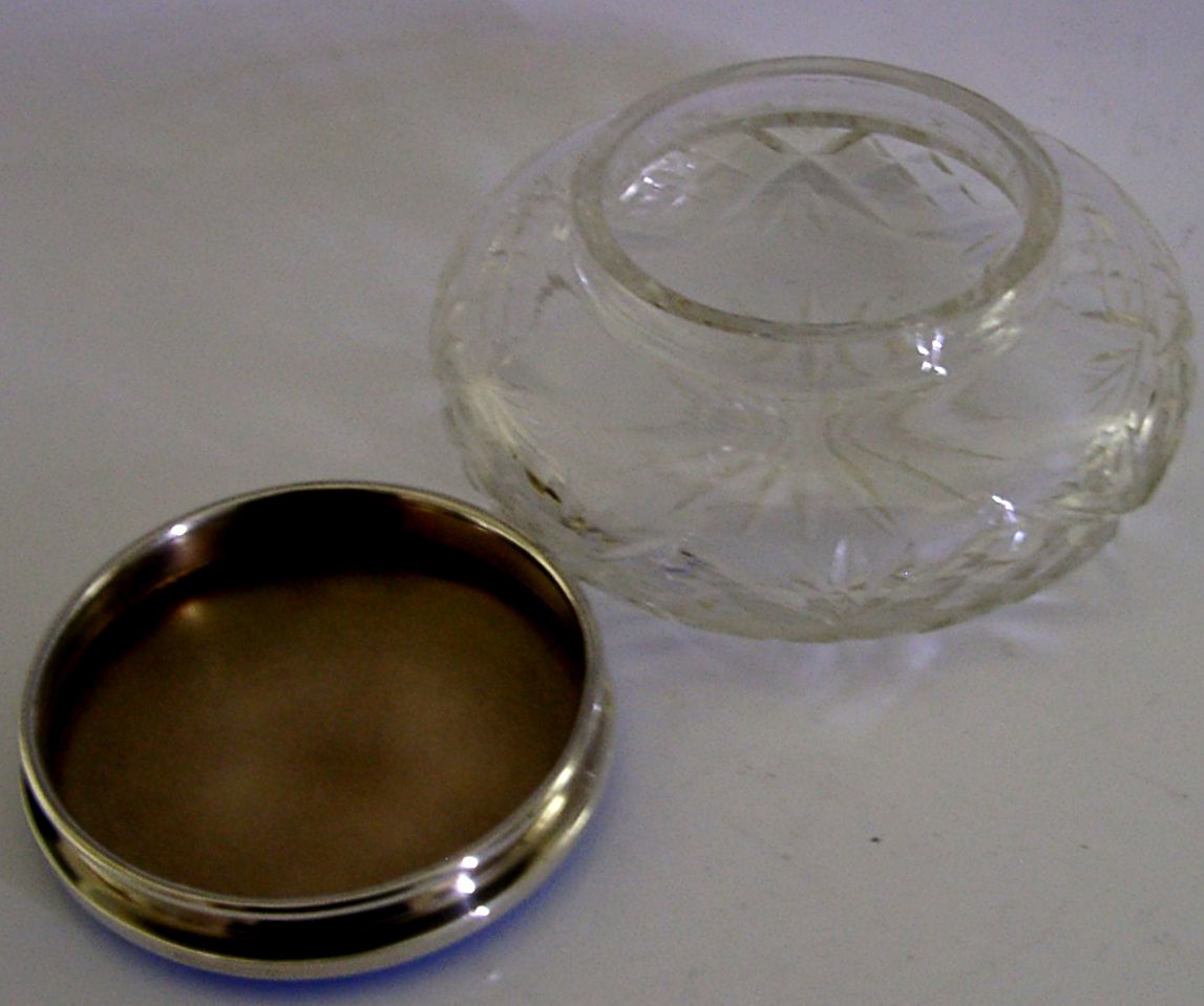 Pot en argent massif sterling Art déco, verre taillé et émail bleu, 10,8 cm, 1930, d'époque photo vinterior