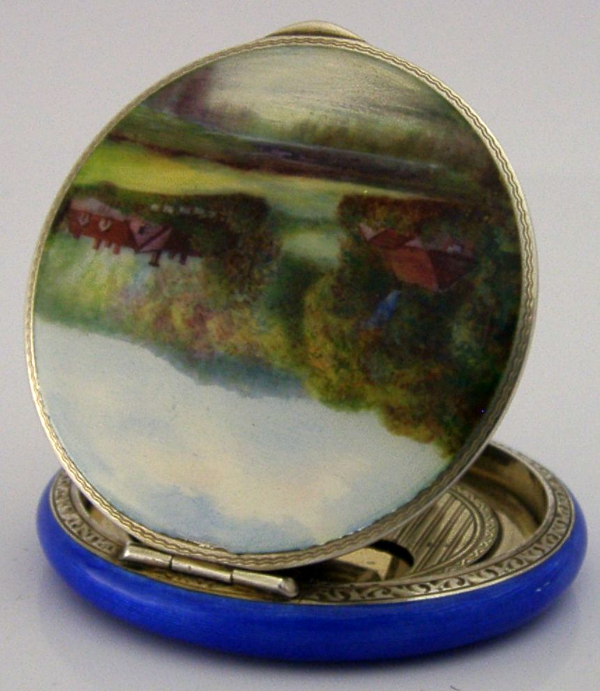 Antiek Sterling Zilveren Email Compact 1927, Handgeschilderd