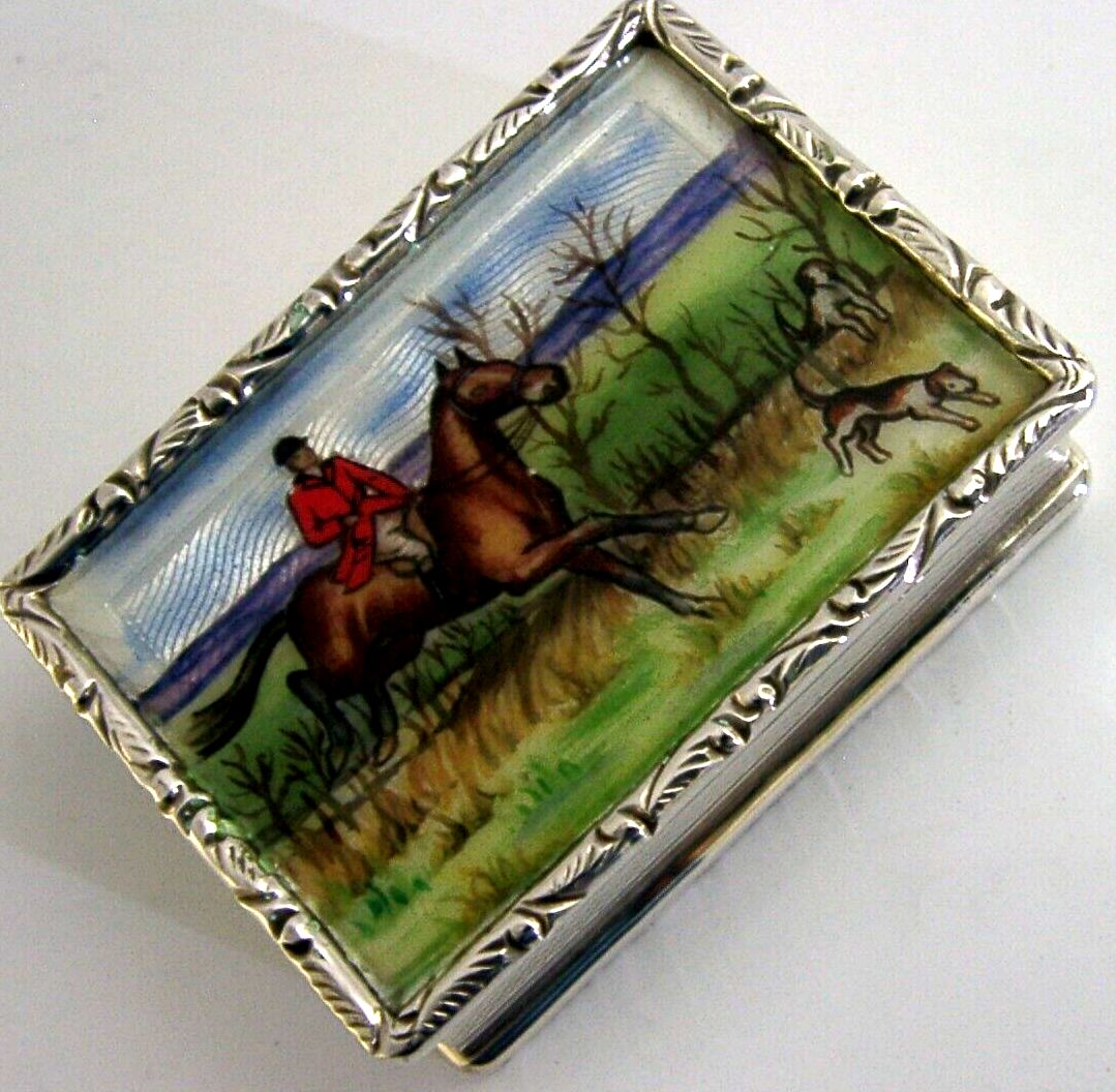 Tabatière en argent sterling et émail, scène de chasse à courre, 1977 photo 495.0