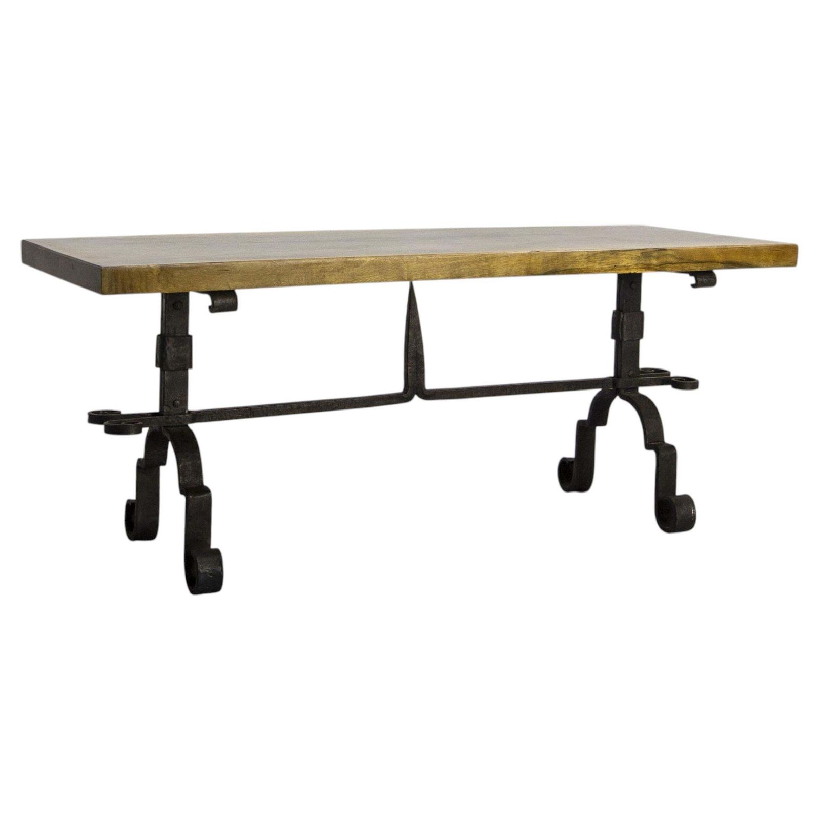 Table basse française en noyer massif et fer forgé, vers 1960