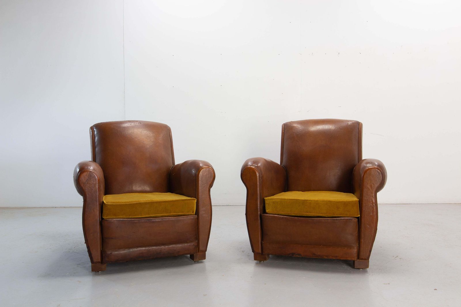 Antique Pair Club Armchair Fauteuil Cognac Leather & Fabric French, Circa 1930 photo Furniture