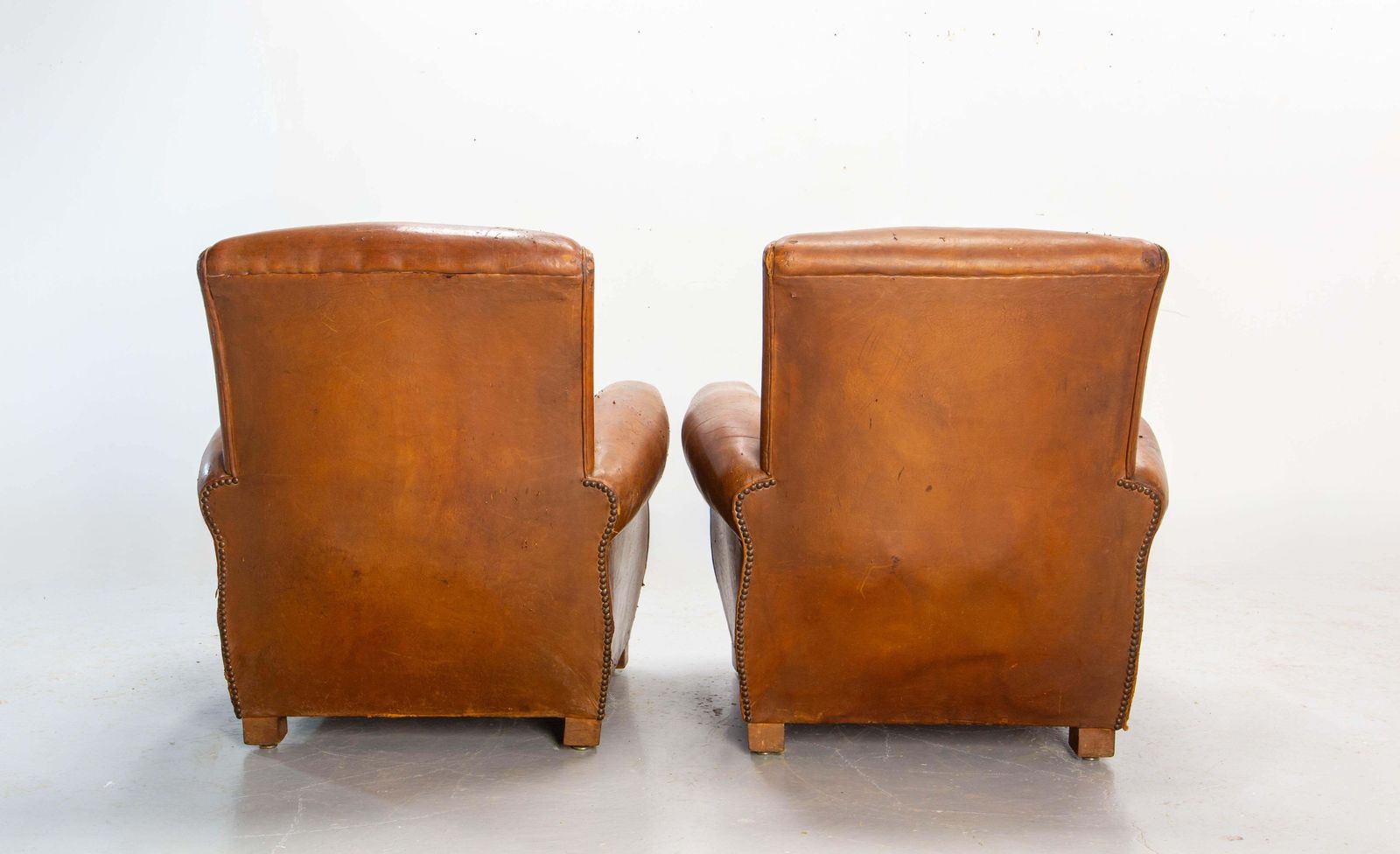Antique Pair Club Armchair Fauteuil Cognac Leather & Fabric French, Circa 1930 photo vinterior