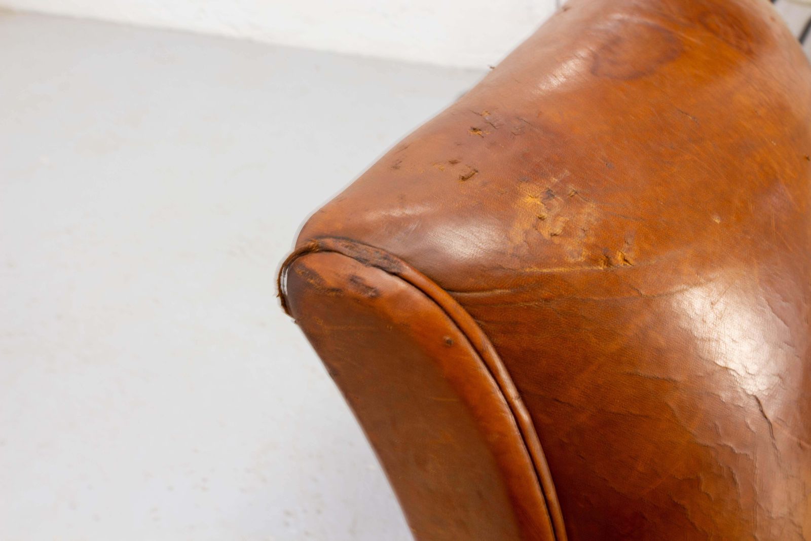 Antique Pair Club Armchair Fauteuil Cognac Leather & Fabric French, Circa 1930 photo vintage