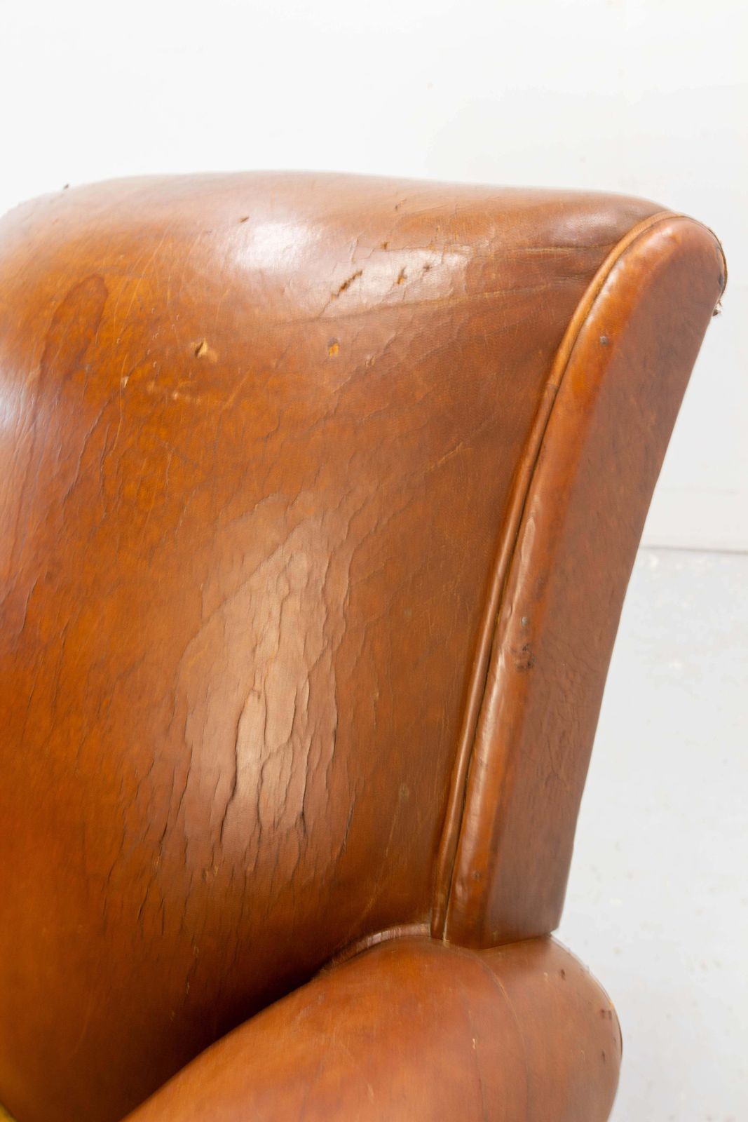 Furniture Antique Pair Club Armchair Fauteuil Cognac Leather & Fabric French, Circa 1930 photo