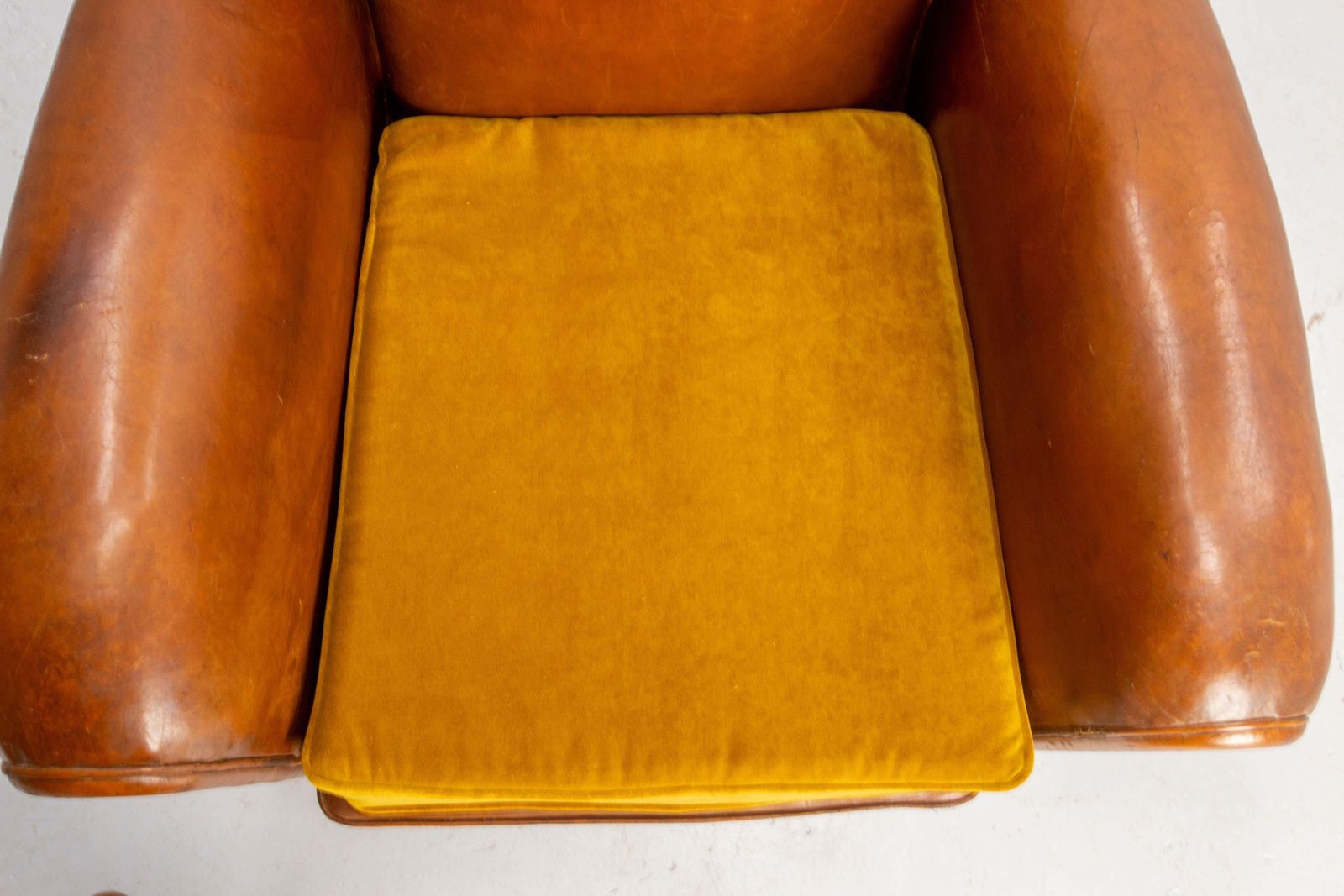 photo buy Antique Pair Club Armchair Fauteuil Cognac Leather & Fabric French, Circa 1930