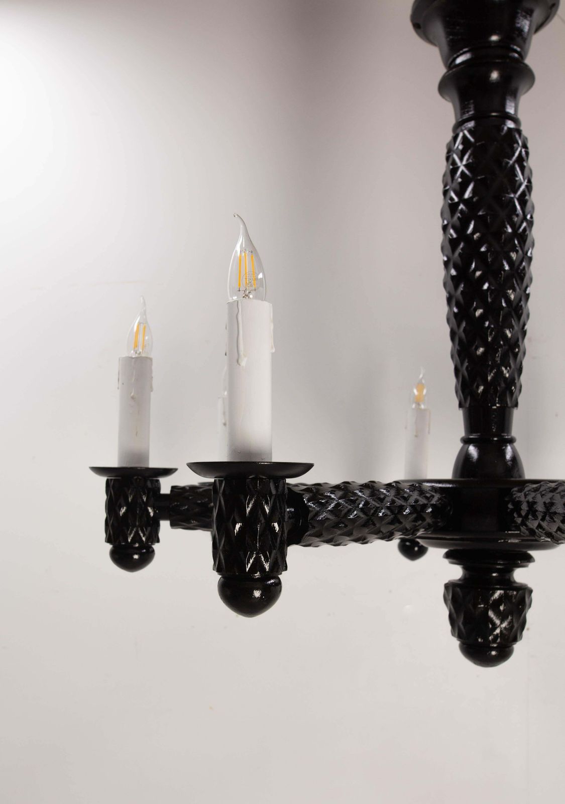 French Black Lacquered Wood Ceiling Lustre Eight Lamps, Circa 1940 photo buy