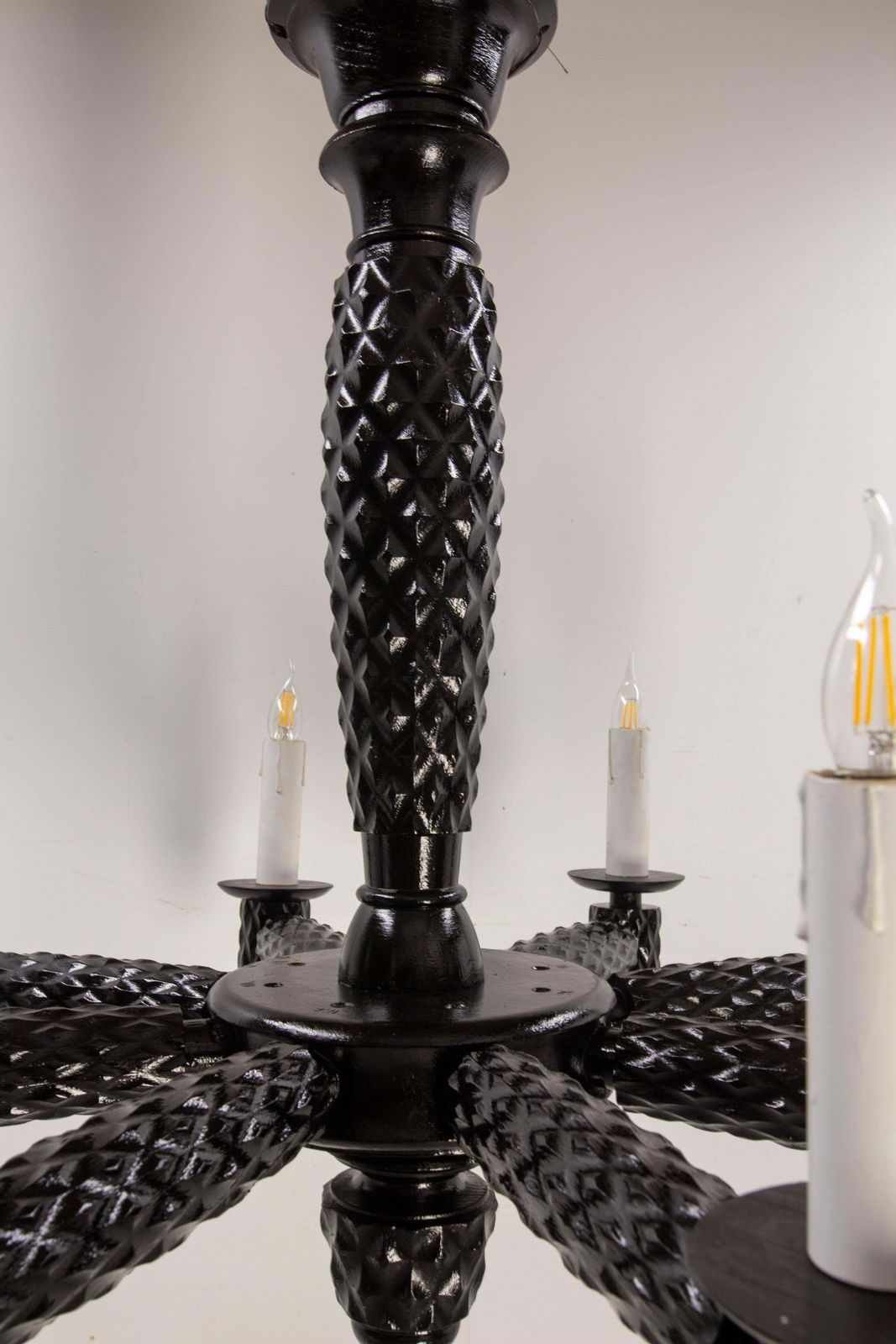 photo furniture French Black Lacquered Wood Ceiling Lustre Eight Lamps, Circa 1940