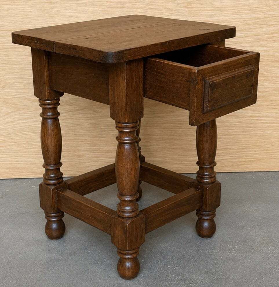 Pair Of Antique Spanish Side Tables With Turned Legs And One Drawer photo Furniture