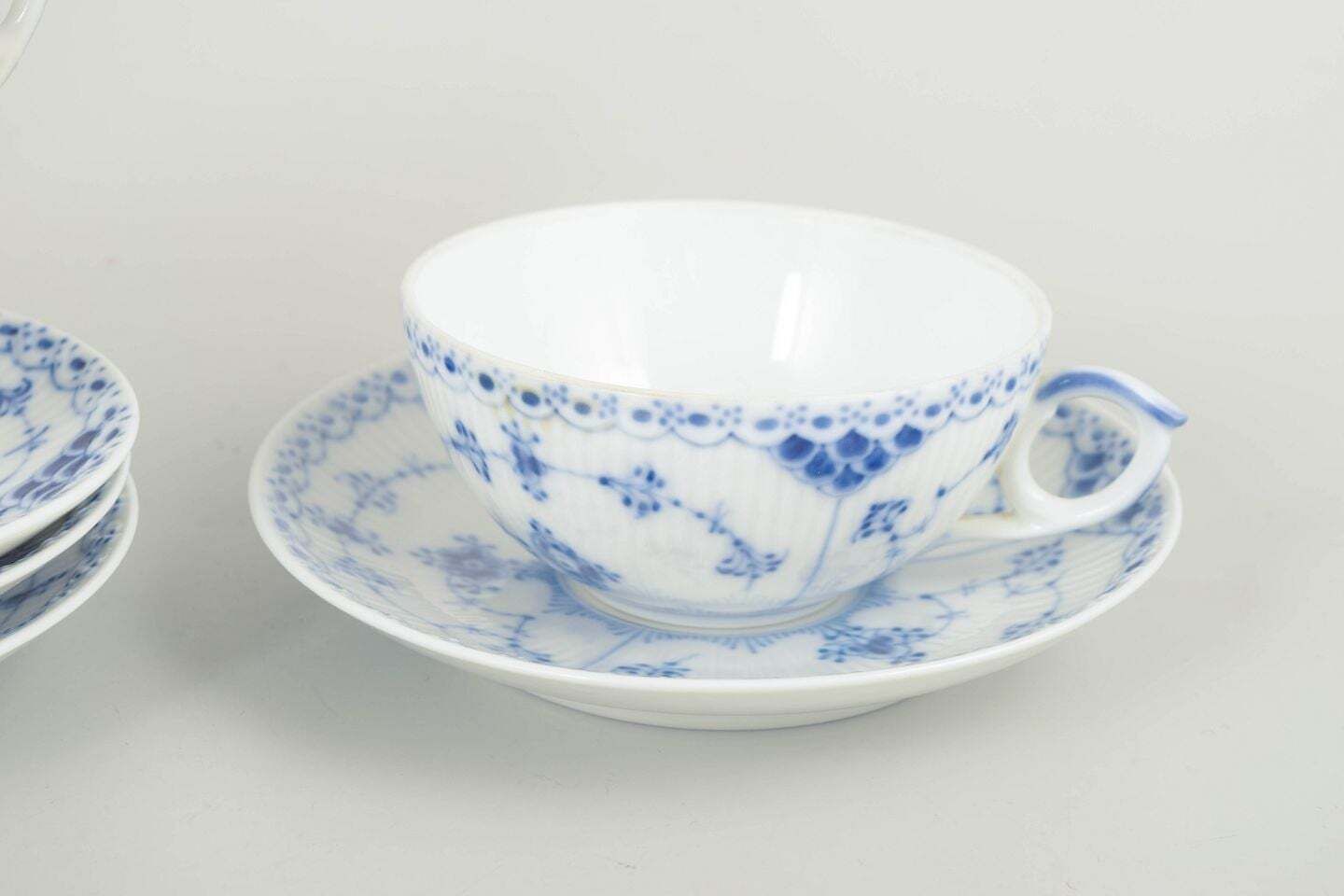 Royal Copenhagen. Set Of 4 Teacups With Saucers. Blue Fluted Half Lace Pattern. photo for sale