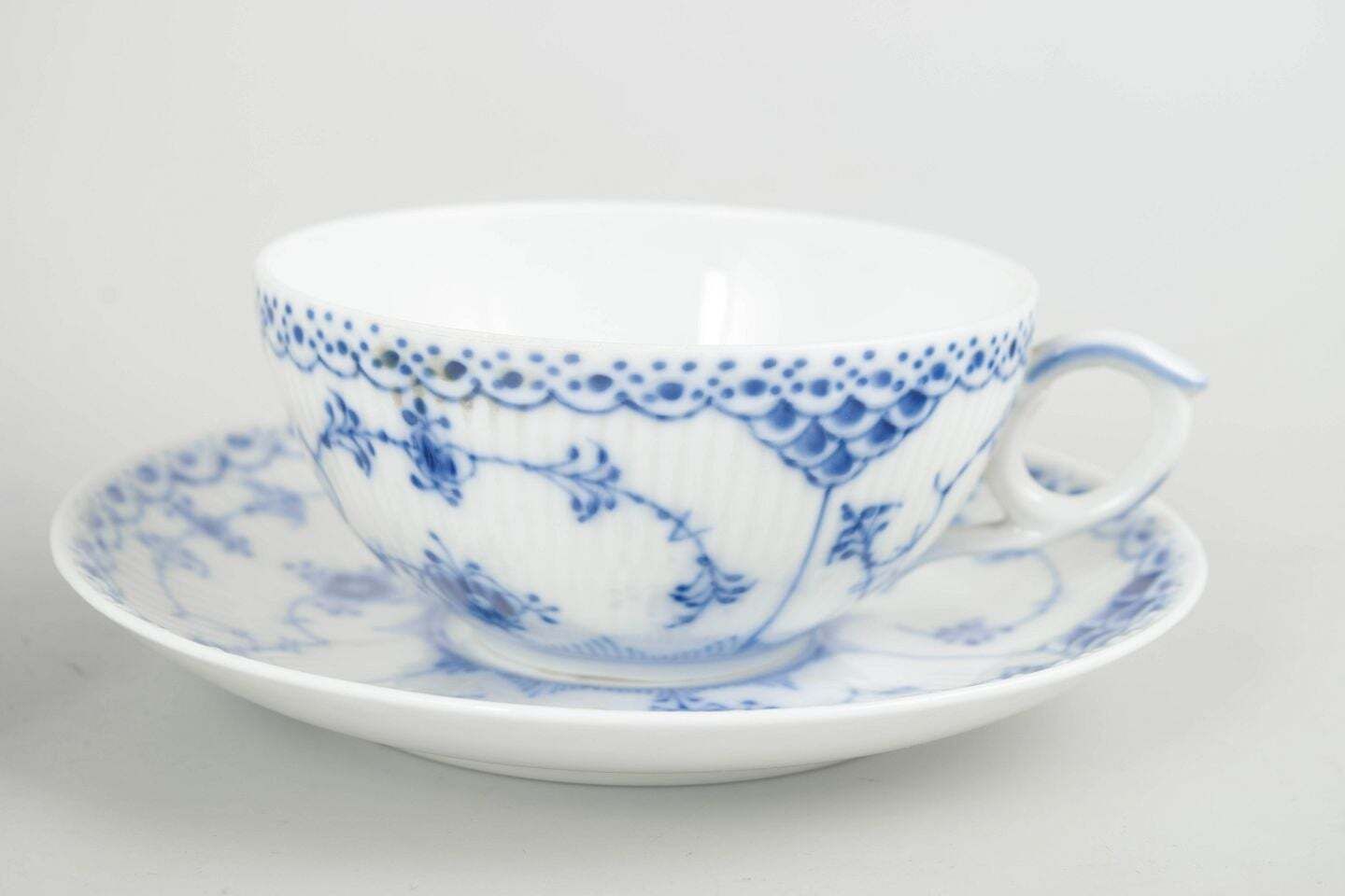 Royal Copenhagen. Set Of 3 Teacups With Saucers. Blue Fluted Half Lace Pattern. photo Home Decor