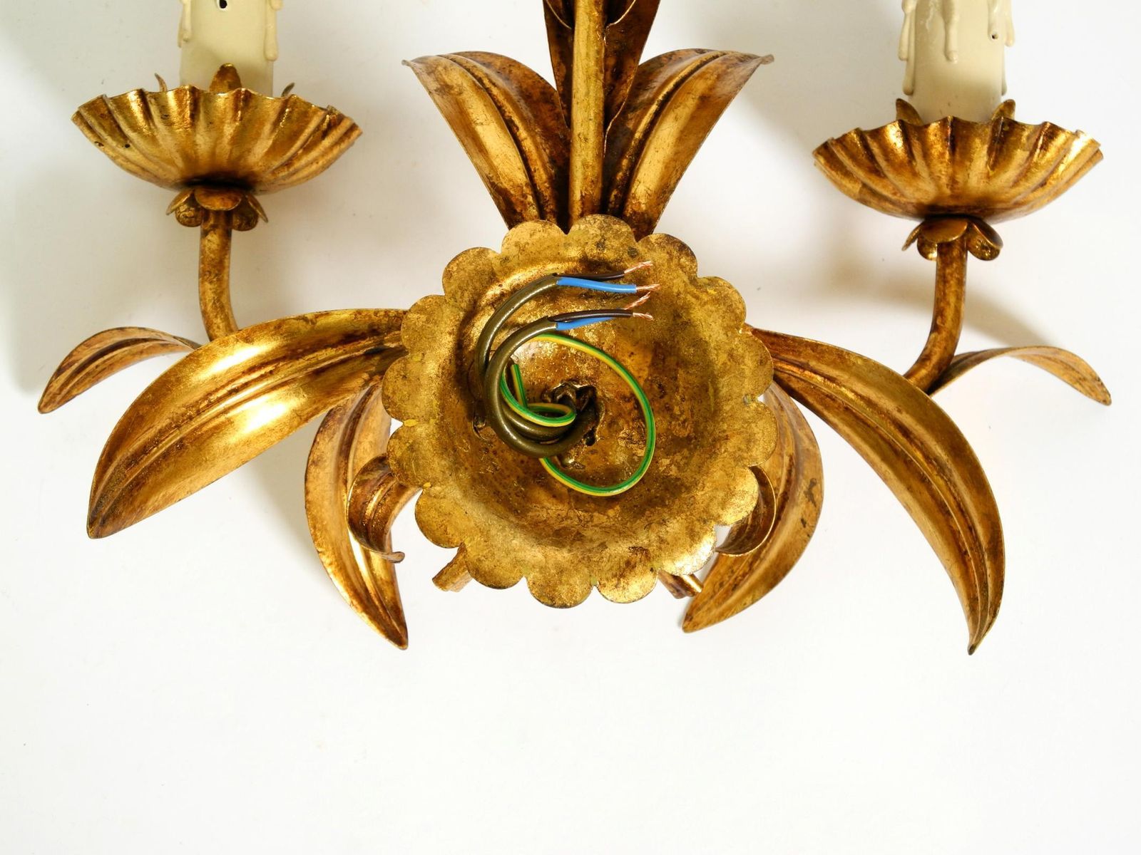 photo for sale Large Italian Florentine Gilt Metal Wall Lamp With 2 Sockets, 1960s