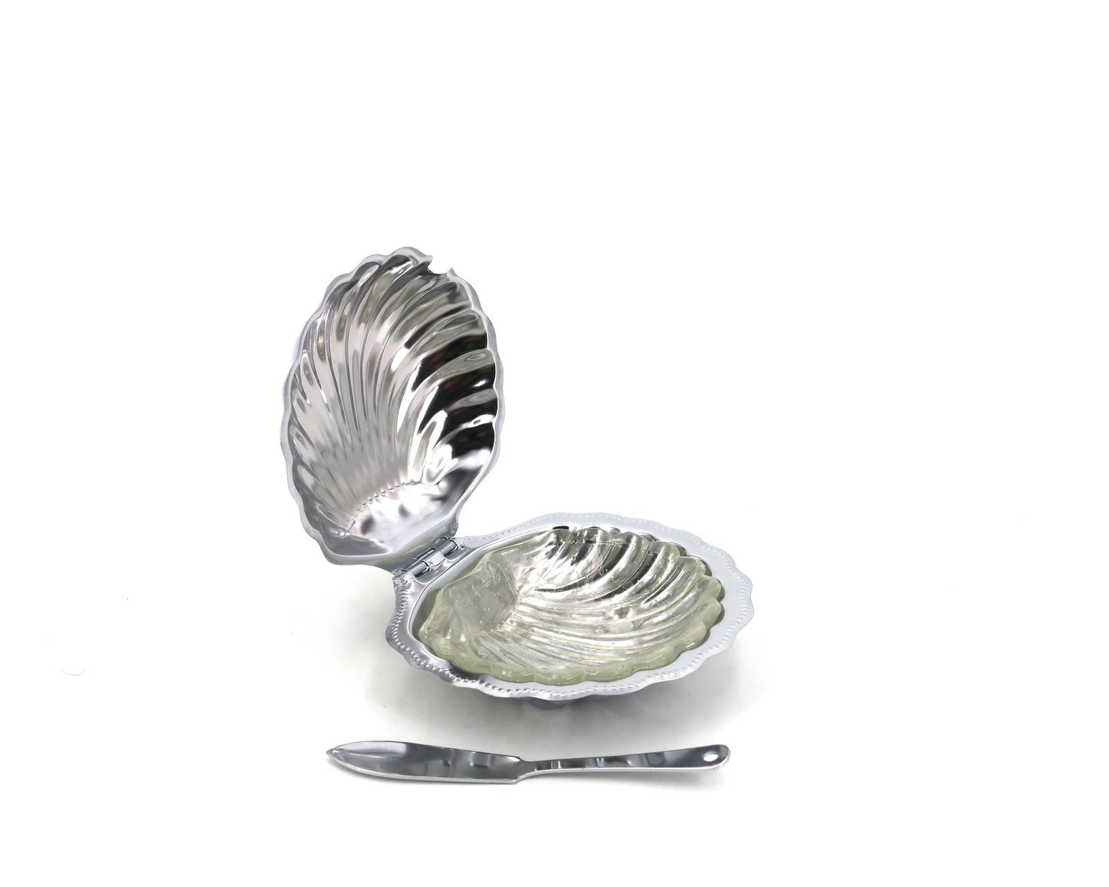 Silver Plated Metal And Glass Shell Shaped Butter Dish With Its Knife. photo for sale