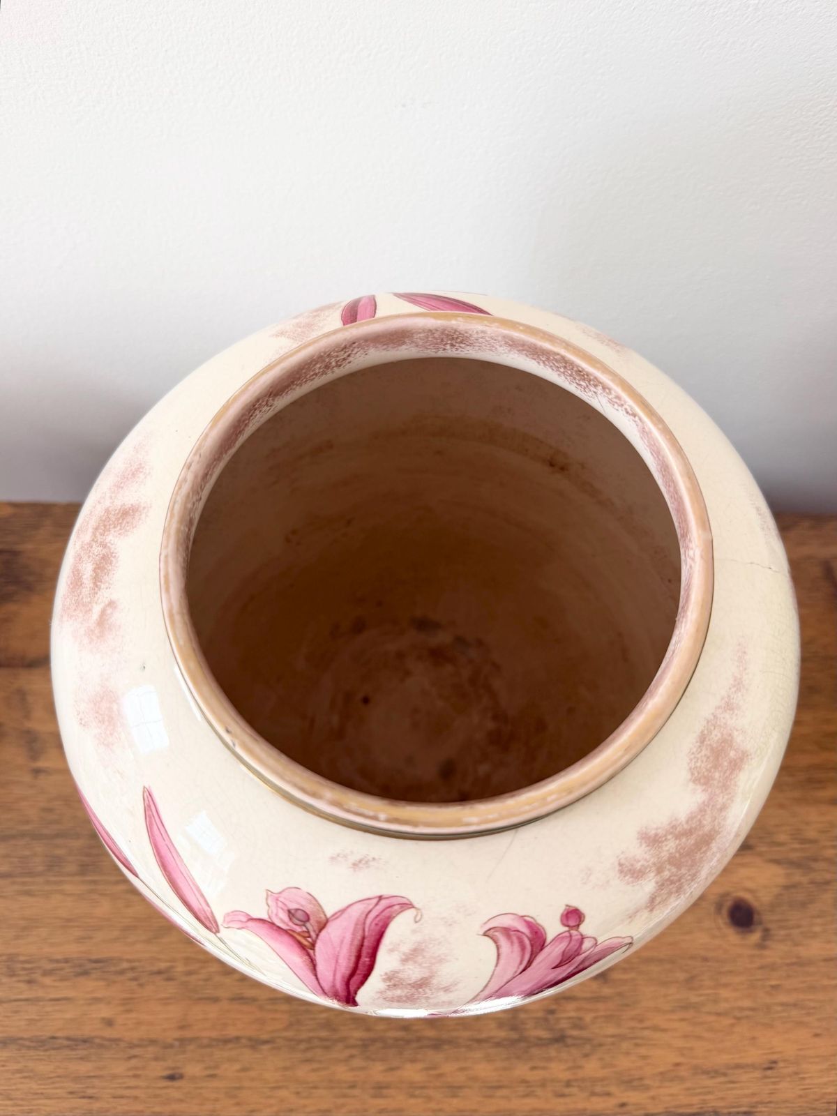 Large Antique Art Nuveau Floral Vase 32cm, Hand Painted Pink Lily Ceramic Urn, Bohemian Austrian Art Pottery, Statement Flower Vase photo Home Decor