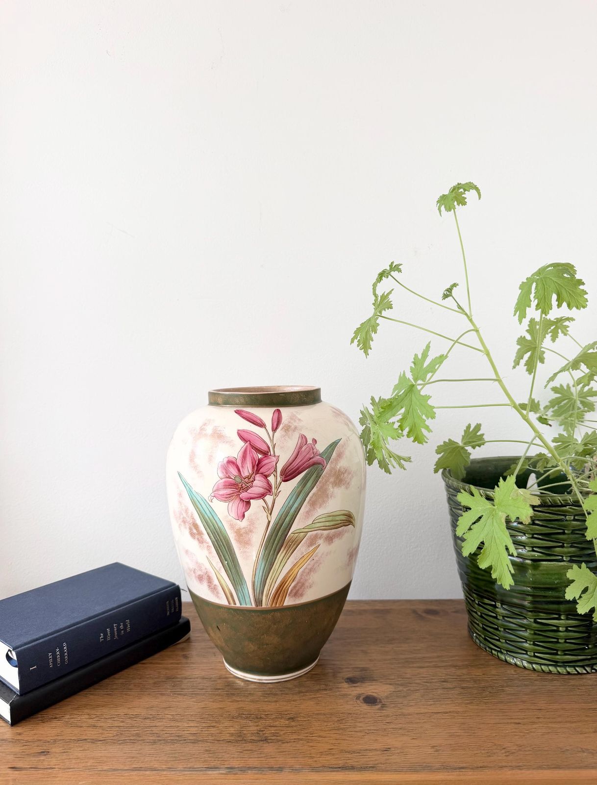 Home Decor Large Antique Art Nuveau Floral Vase 32cm, Hand Painted Pink Lily Ceramic Urn, Bohemian Austrian Art Pottery, Statement Flower Vase photo