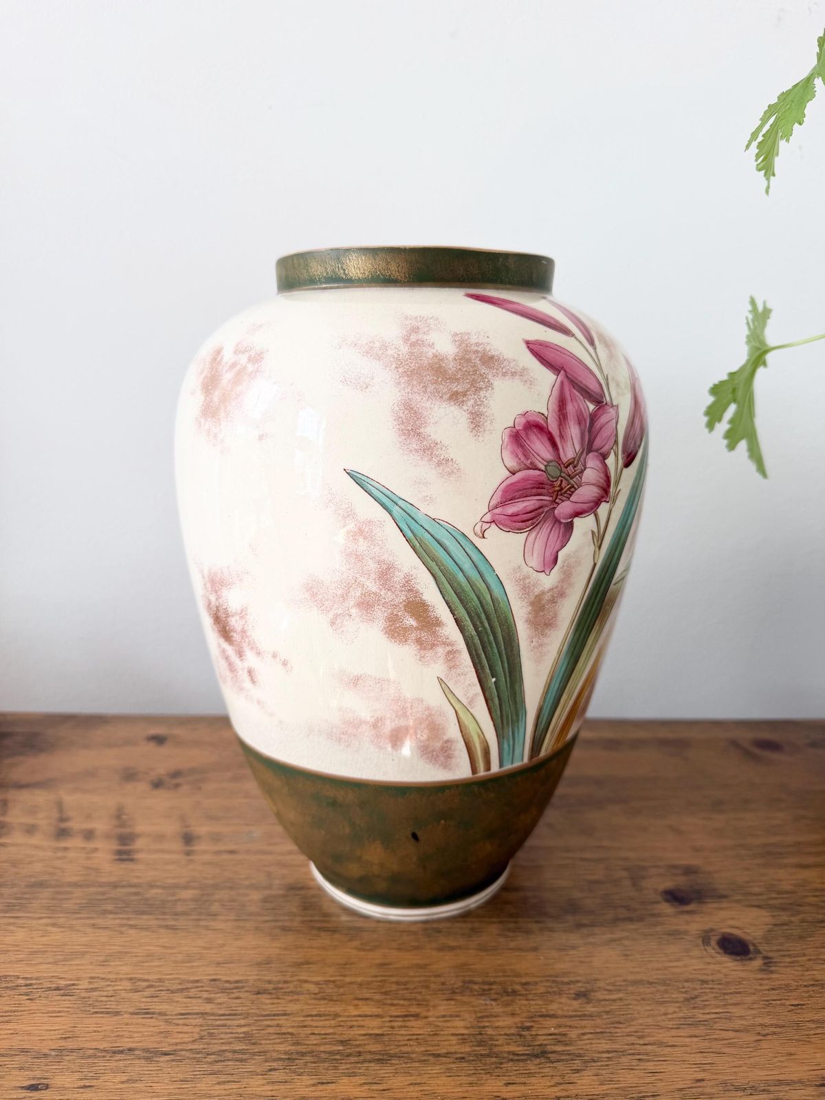 55.0 Large Antique Art Nuveau Floral Vase 32cm, Hand Painted Pink Lily Ceramic Urn, Bohemian Austrian Art Pottery, Statement Flower Vase photo