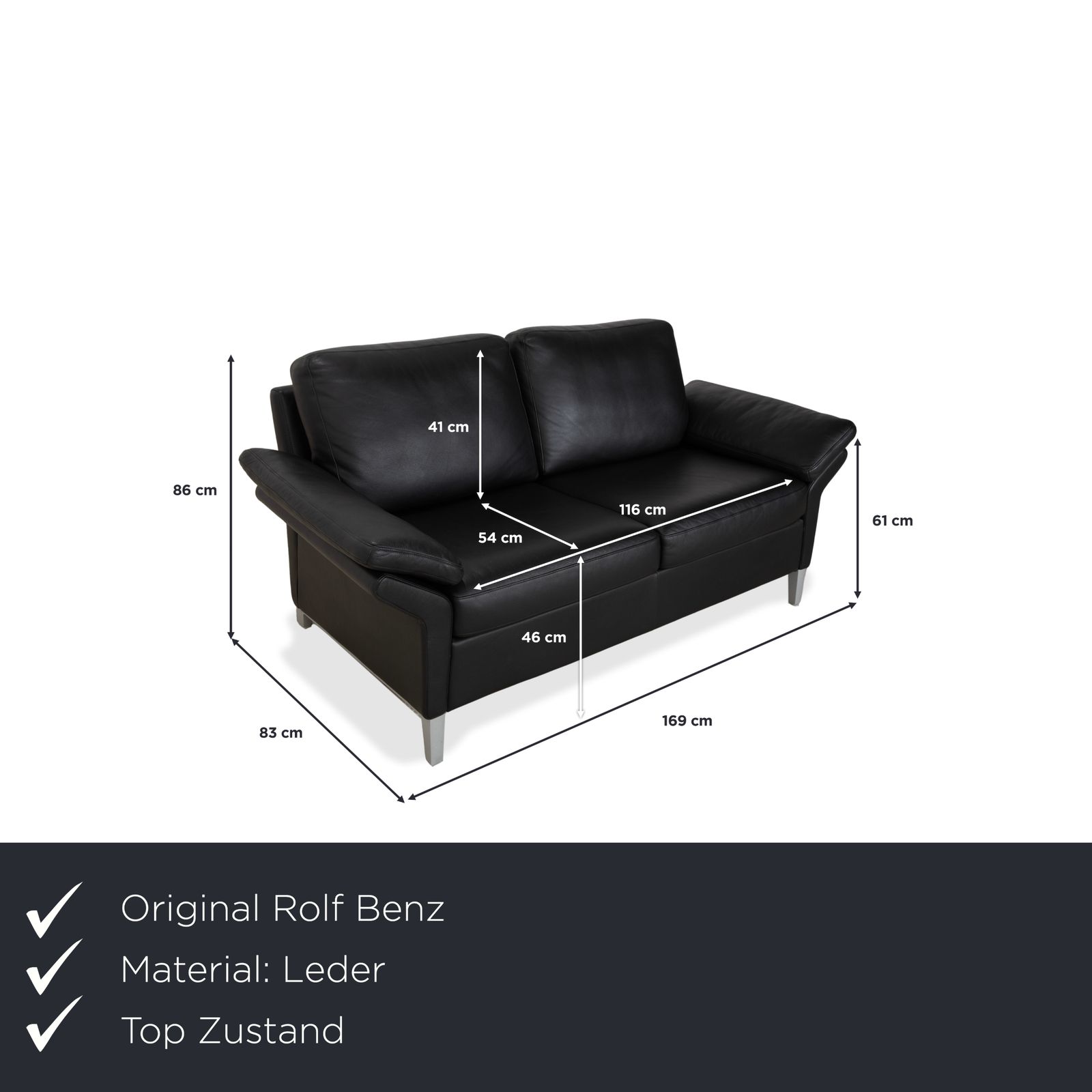 Rolf Benz 3300 Leren Tweezitsbank Zwart photo furniture