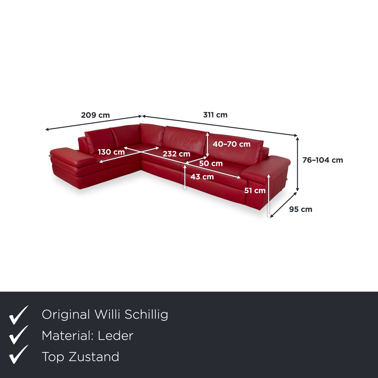 Willi Schillig Leather Corner Sofa Red Manual Function photo furniture