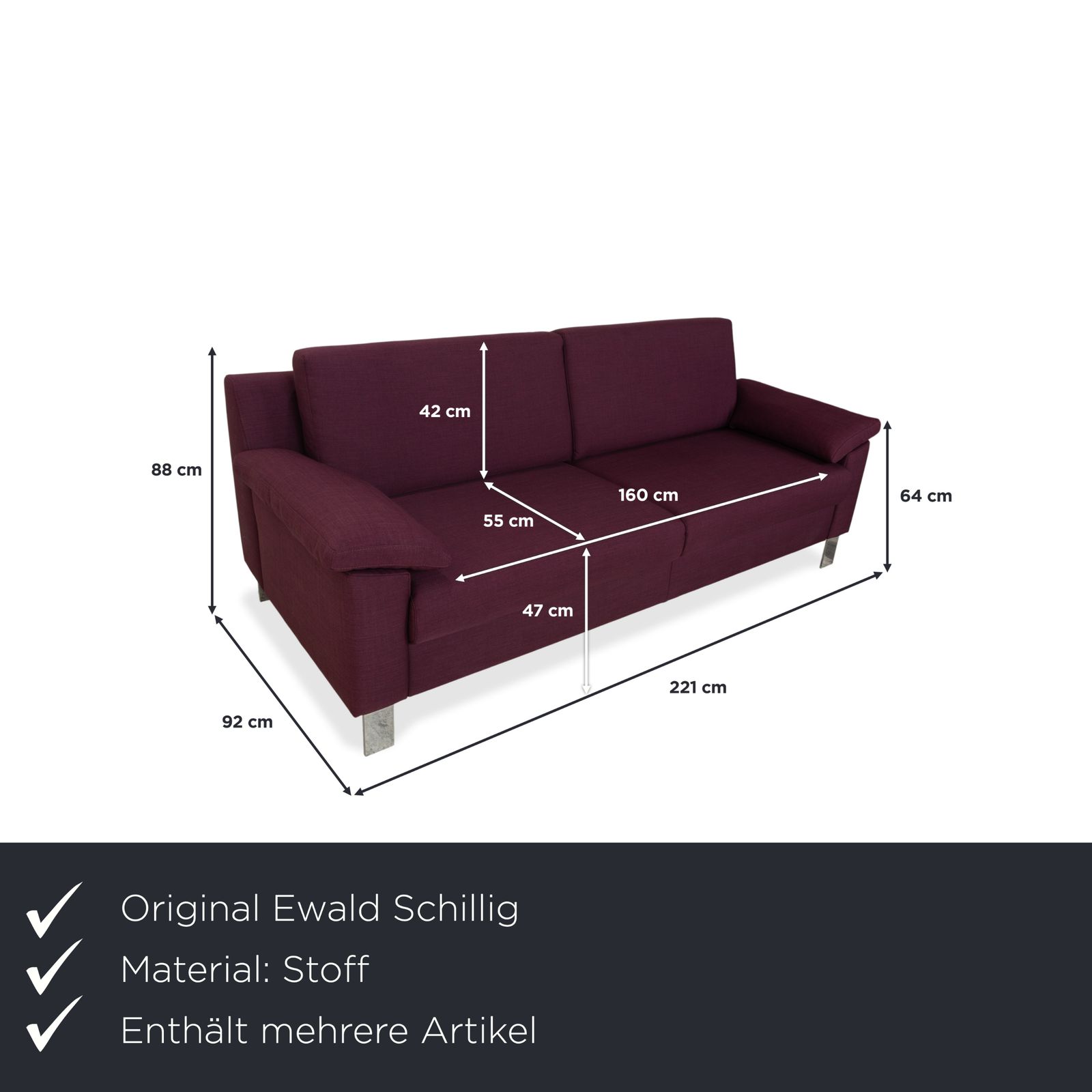 Ewald Schillig Flex Plus Fabric Three Seater With Ottoman, Purple, Aubergine, Red photo furniture