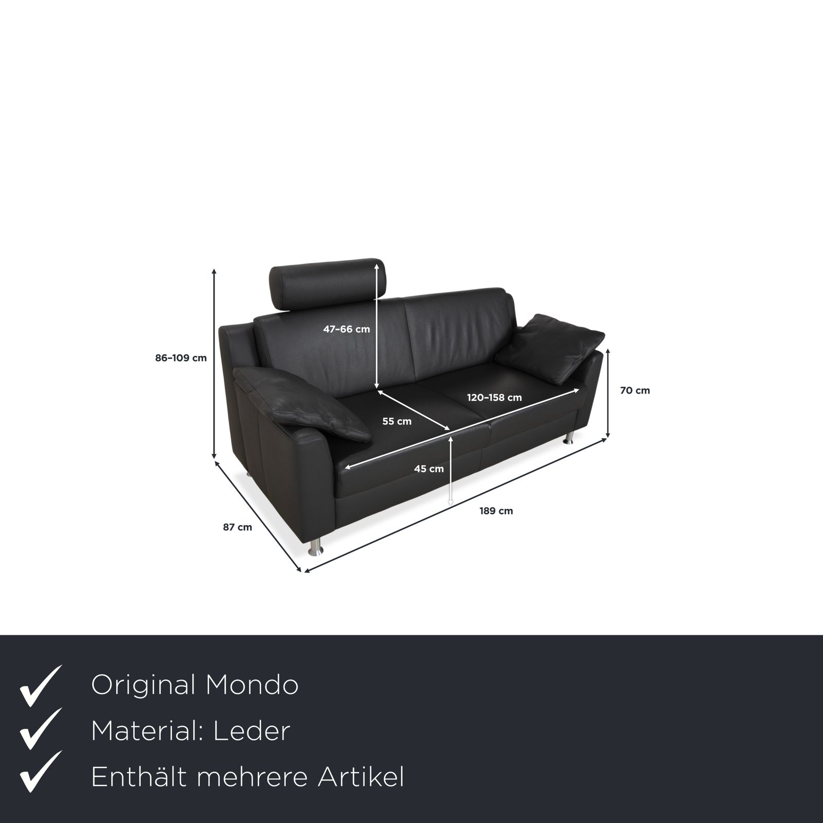 Mondo Leren Tweezitsbank Donkergrijs met Hoofdsteun photo furniture