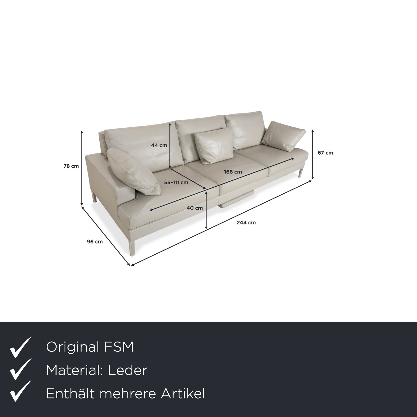 Fsm Clarus Leather Three Seater Ottoman Grey Pebble Couch Manual Function photo furniture