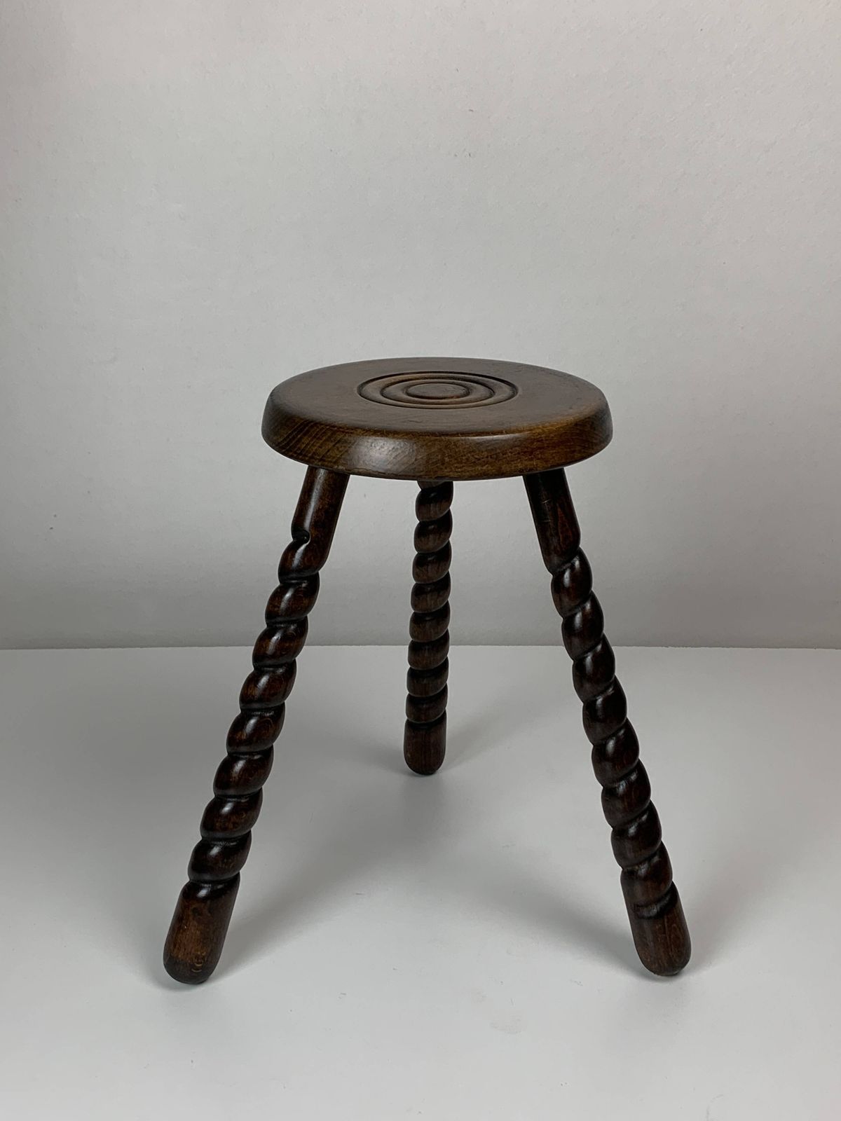 Pair Of 2 Midcentury Brutalist Modernist Wood Turned Stools, Ca 1950s photo for sale