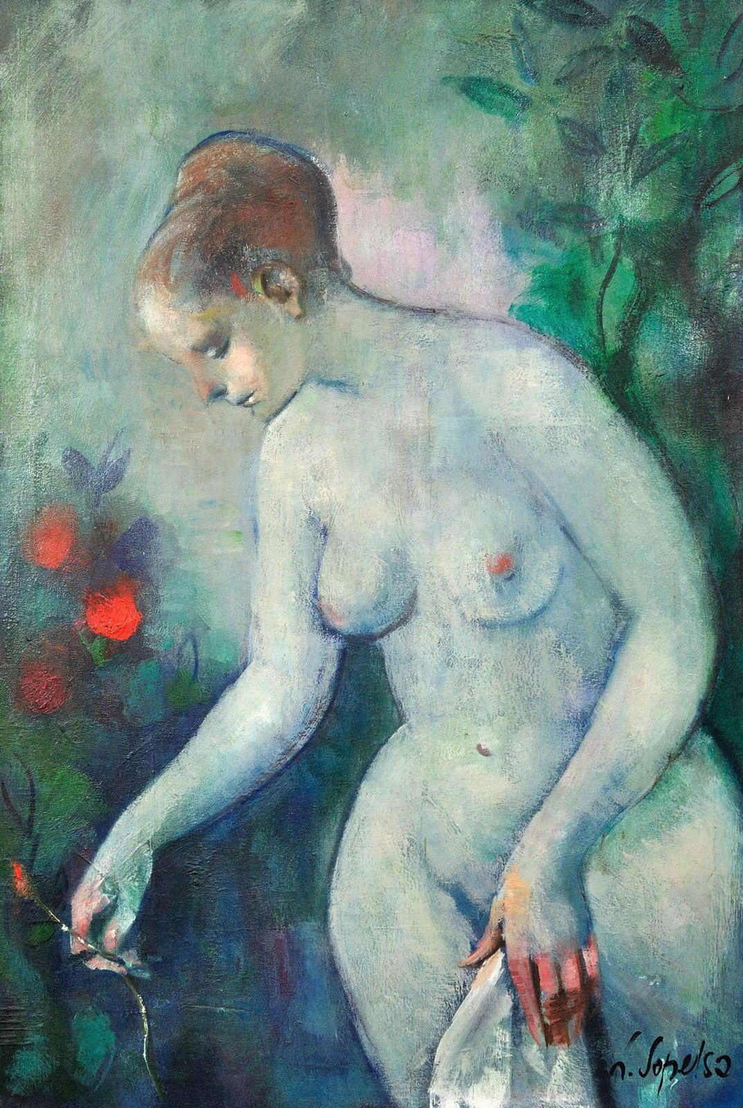 Luciano Sopelsa 1921-2010. Nudo Al Tramanto, 1975. Peinture vénitienne à l'huile encadrée représentant une femme nue avec des fleurs photo furniture