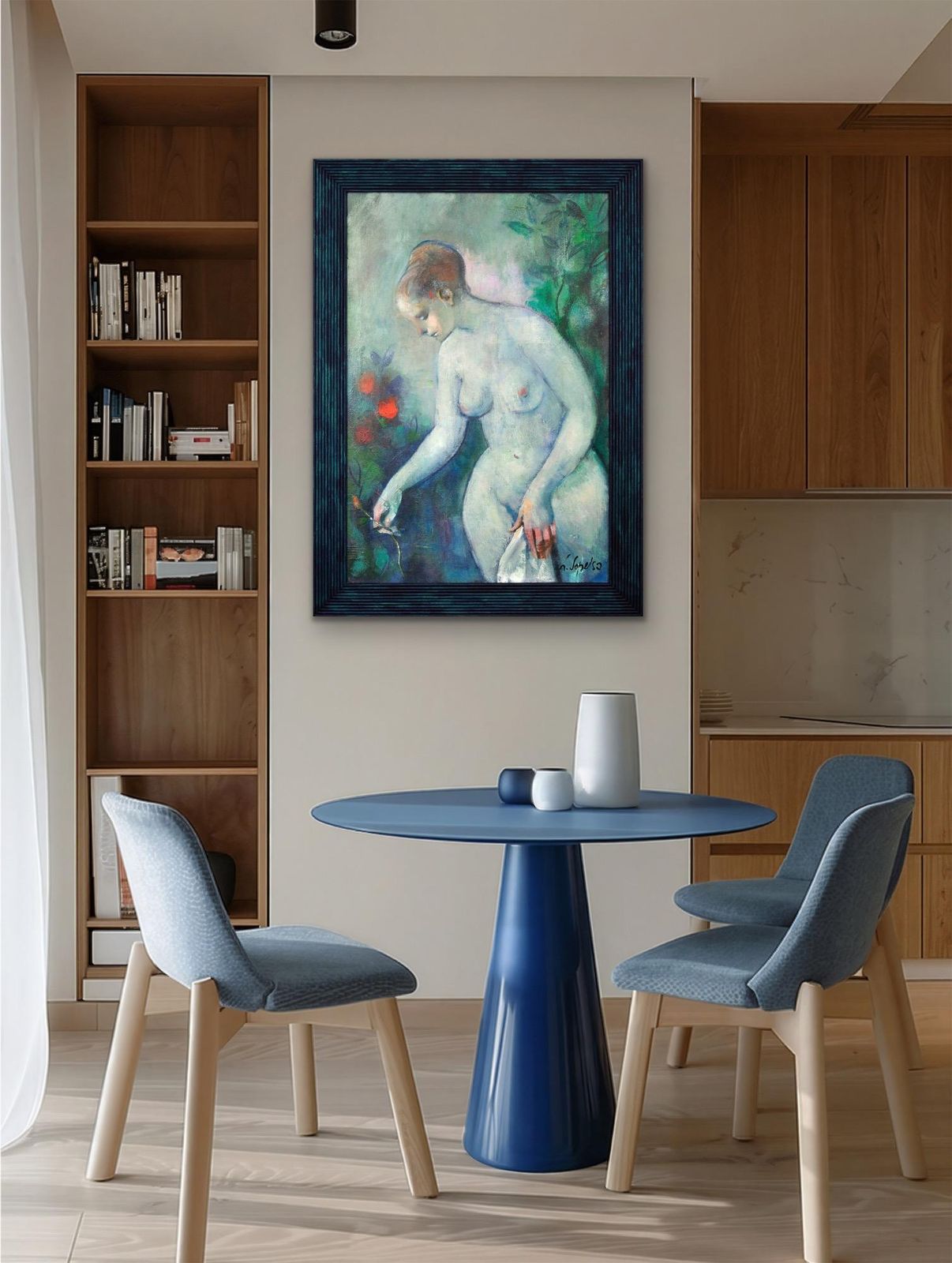 photo buy Luciano Sopelsa 1921-2010. Nudo Al Tramanto, 1975. Peinture vénitienne à l'huile encadrée représentant une femme nue avec des fleurs