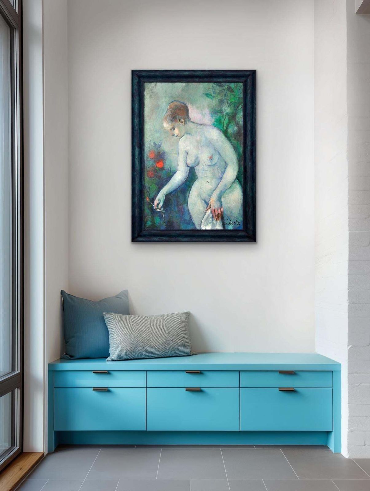 photo vintage Luciano Sopelsa 1921-2010. Nudo Al Tramanto, 1975. Peinture vénitienne à l'huile encadrée représentant une femme nue avec des fleurs