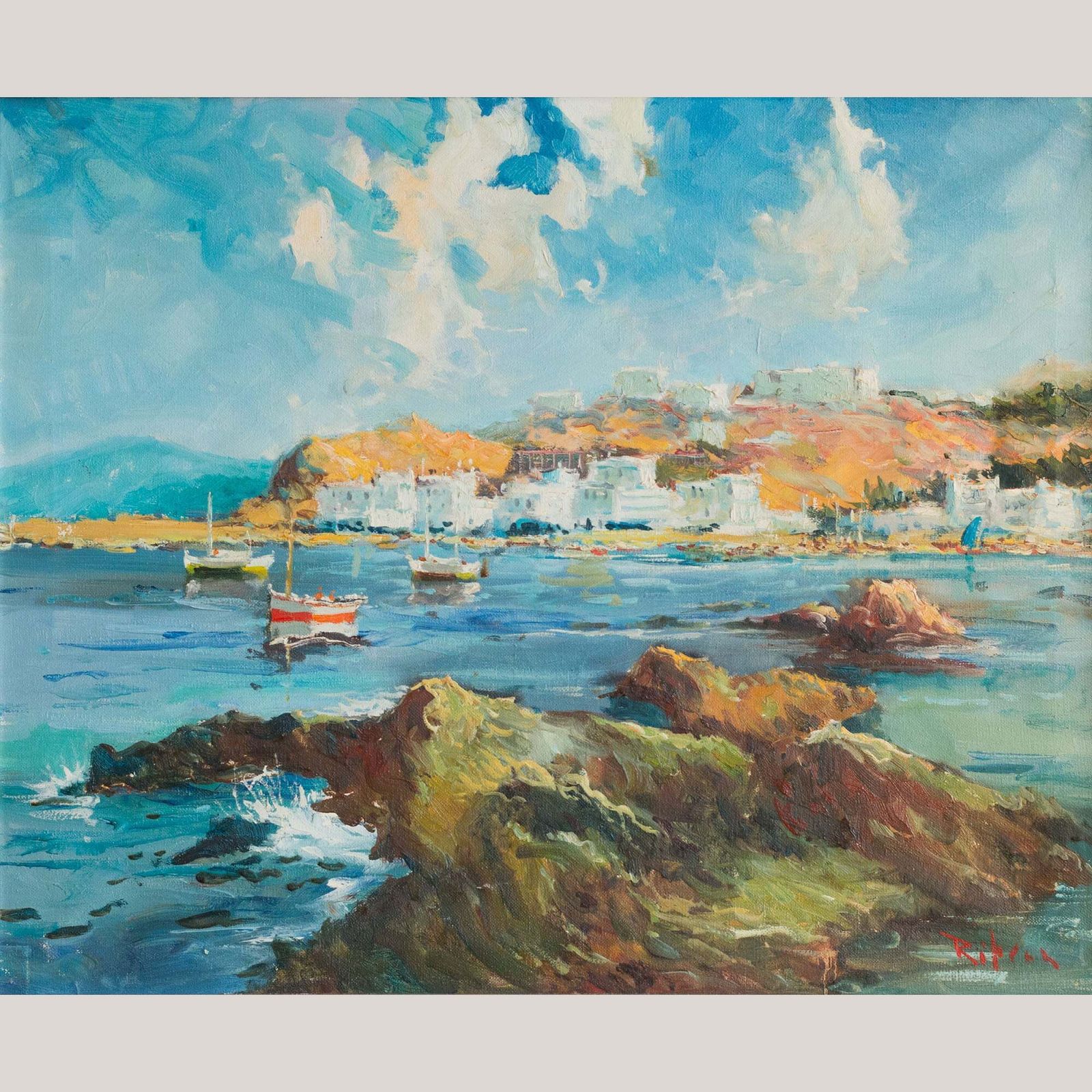 Port De L'escala, Kustgezicht met Haven, Gesigneerd Olieverf op Doek photo furniture