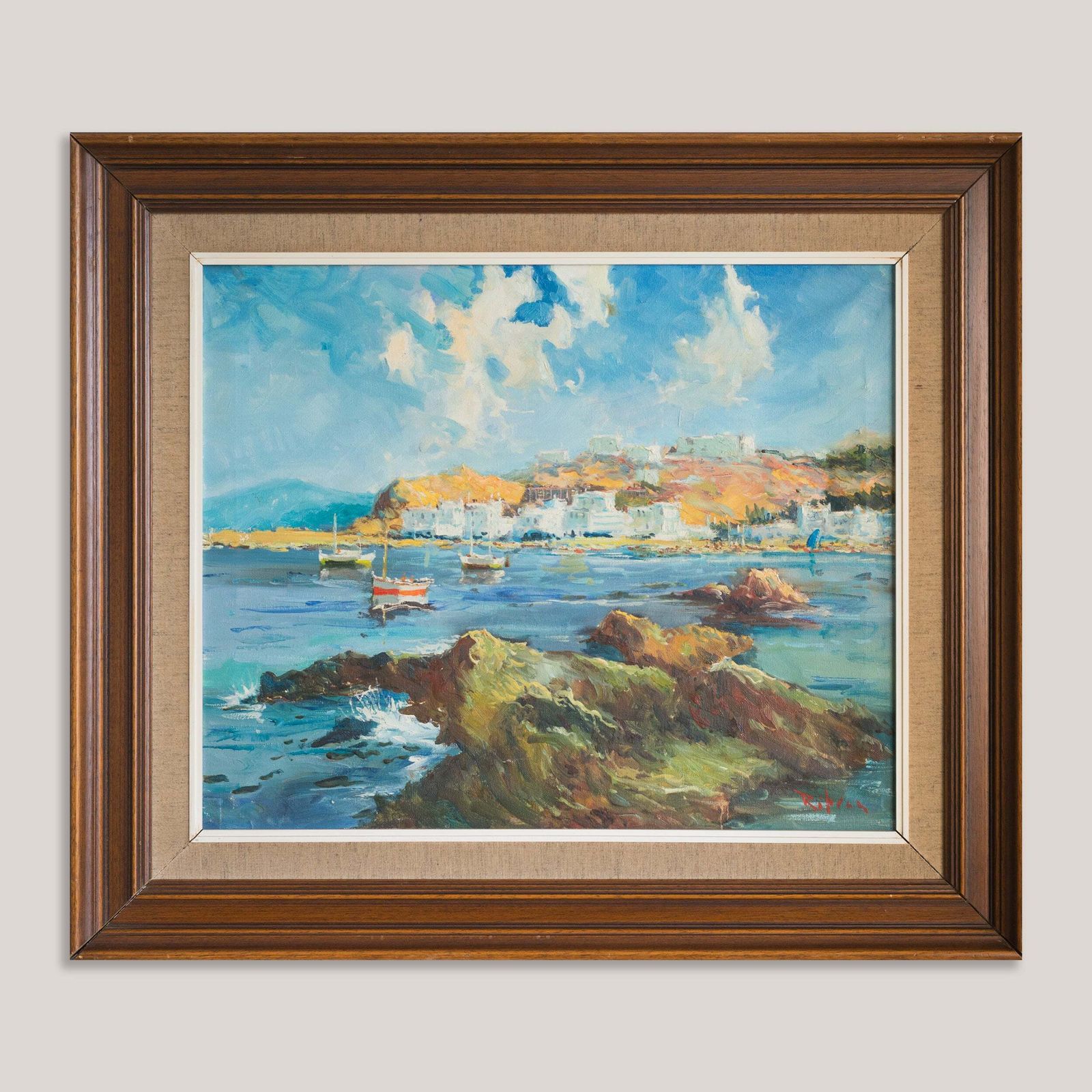 Port De L'escala, Kustgezicht met Haven, Gesigneerd Olieverf op Doek