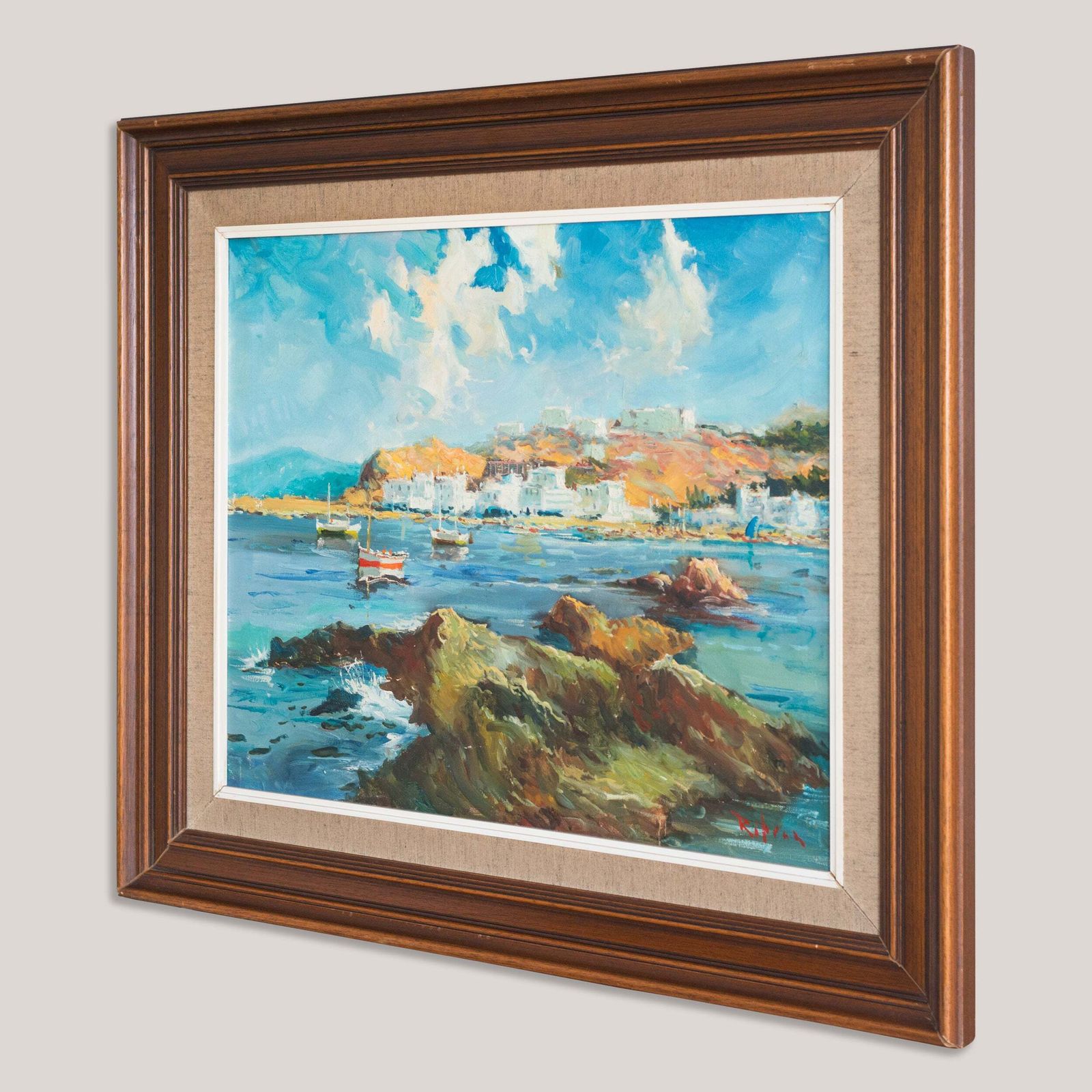 Port De L'escala, Kustgezicht met Haven, Gesigneerd Olieverf op Doek photo Kunst