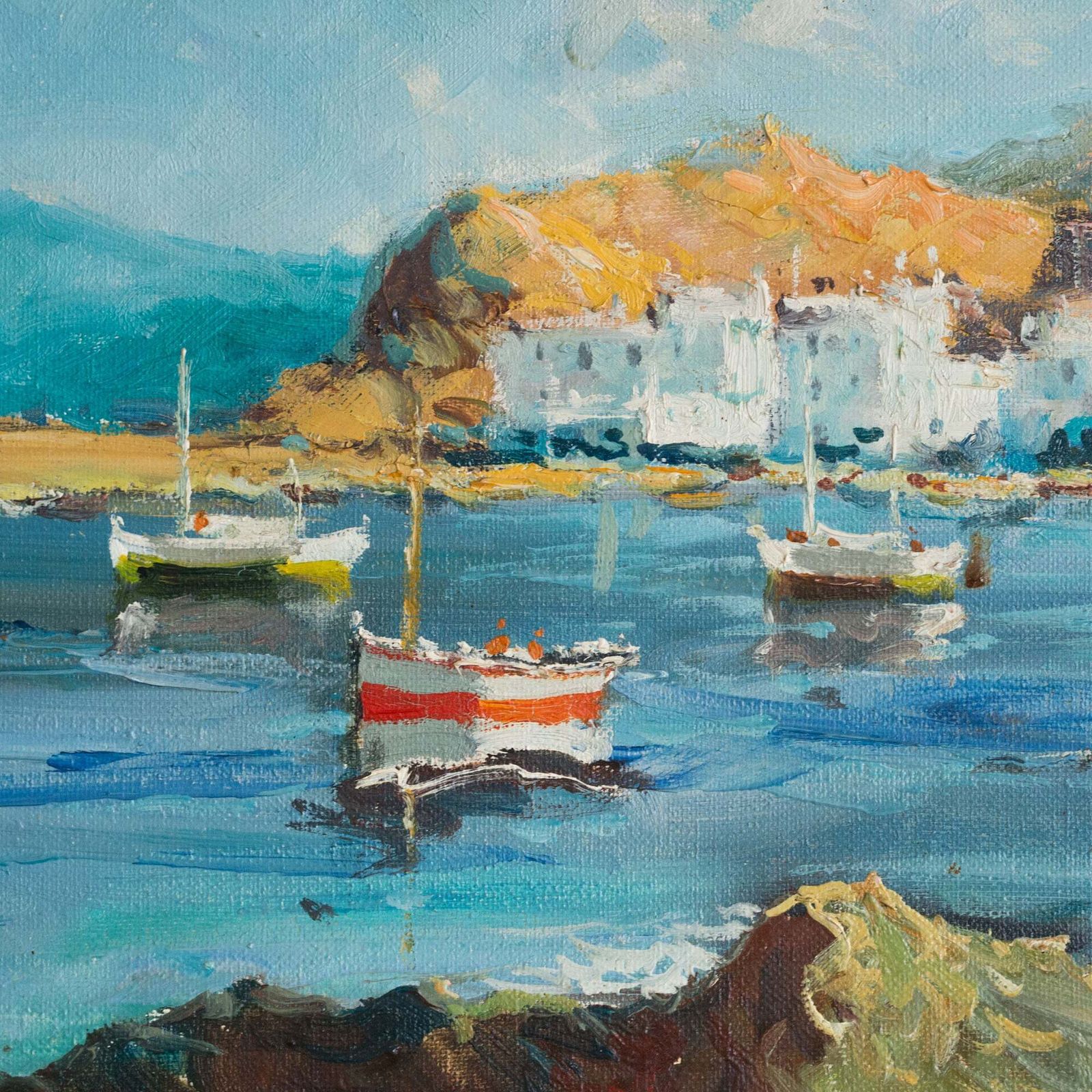 Port De L'escala, Kustgezicht met Haven, Gesigneerd Olieverf op Doek photo 700.0